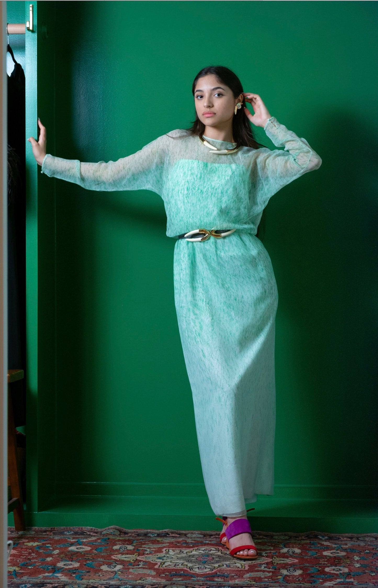 Small 70s Neiman Marcus Shannon Rogers for Jerry Silverman White and Green Maxi Dress with Chiffon Long Sleeves Overlay