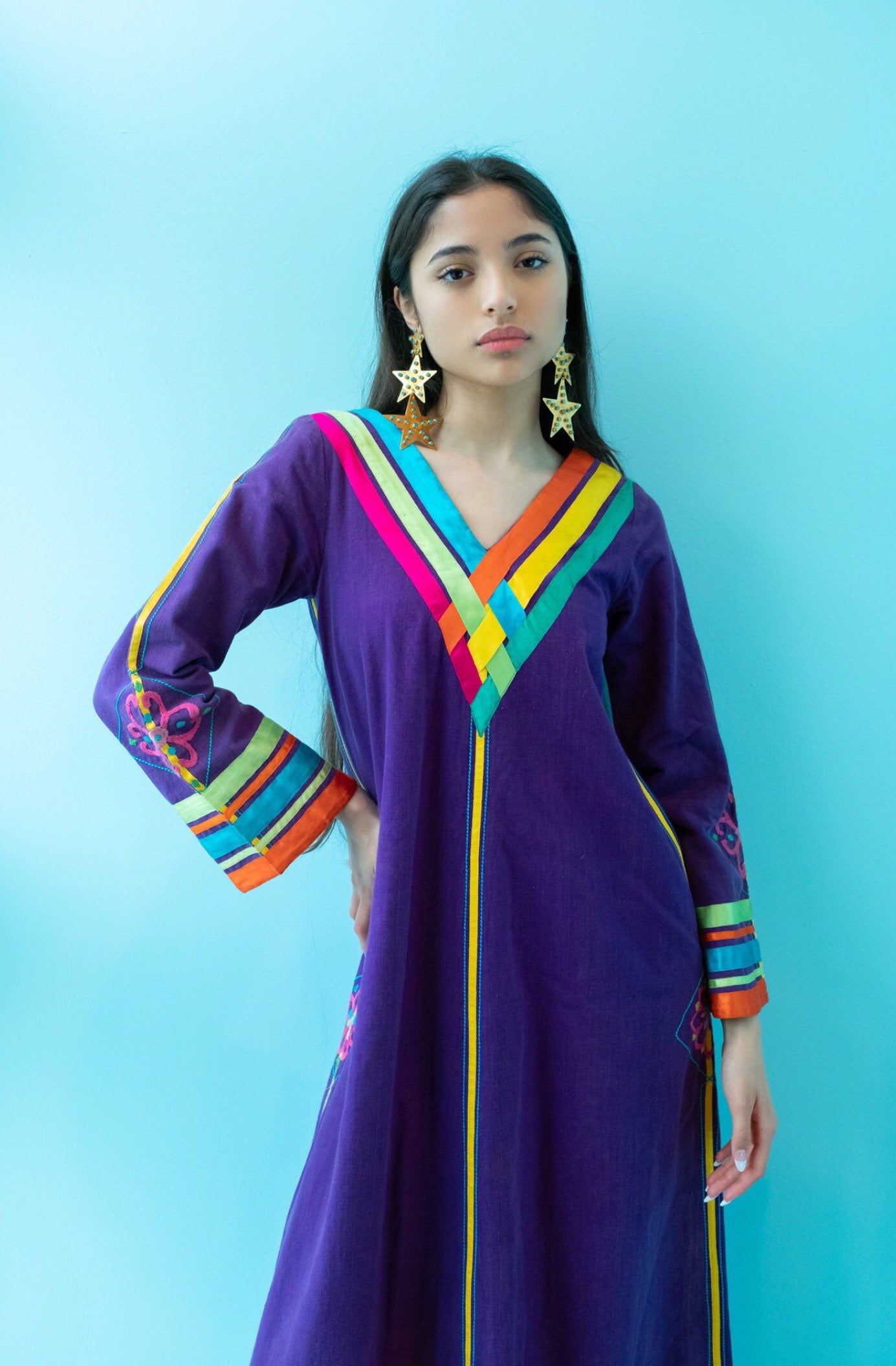 70s JOSEFA Bell Sleeves Organic Cotton Ribbon Embroidered Maxi