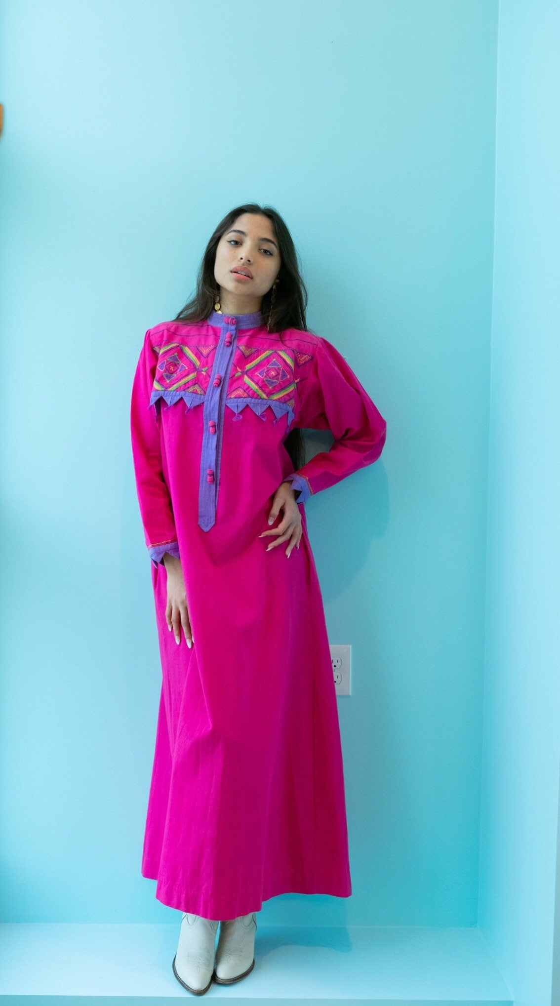 80s Opus 1 Pink Cotton Mexican Caftan