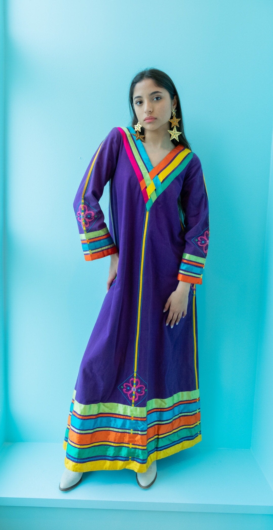 70s JOSEFA Bell Sleeves Organic Cotton Ribbon Embroidered Maxi