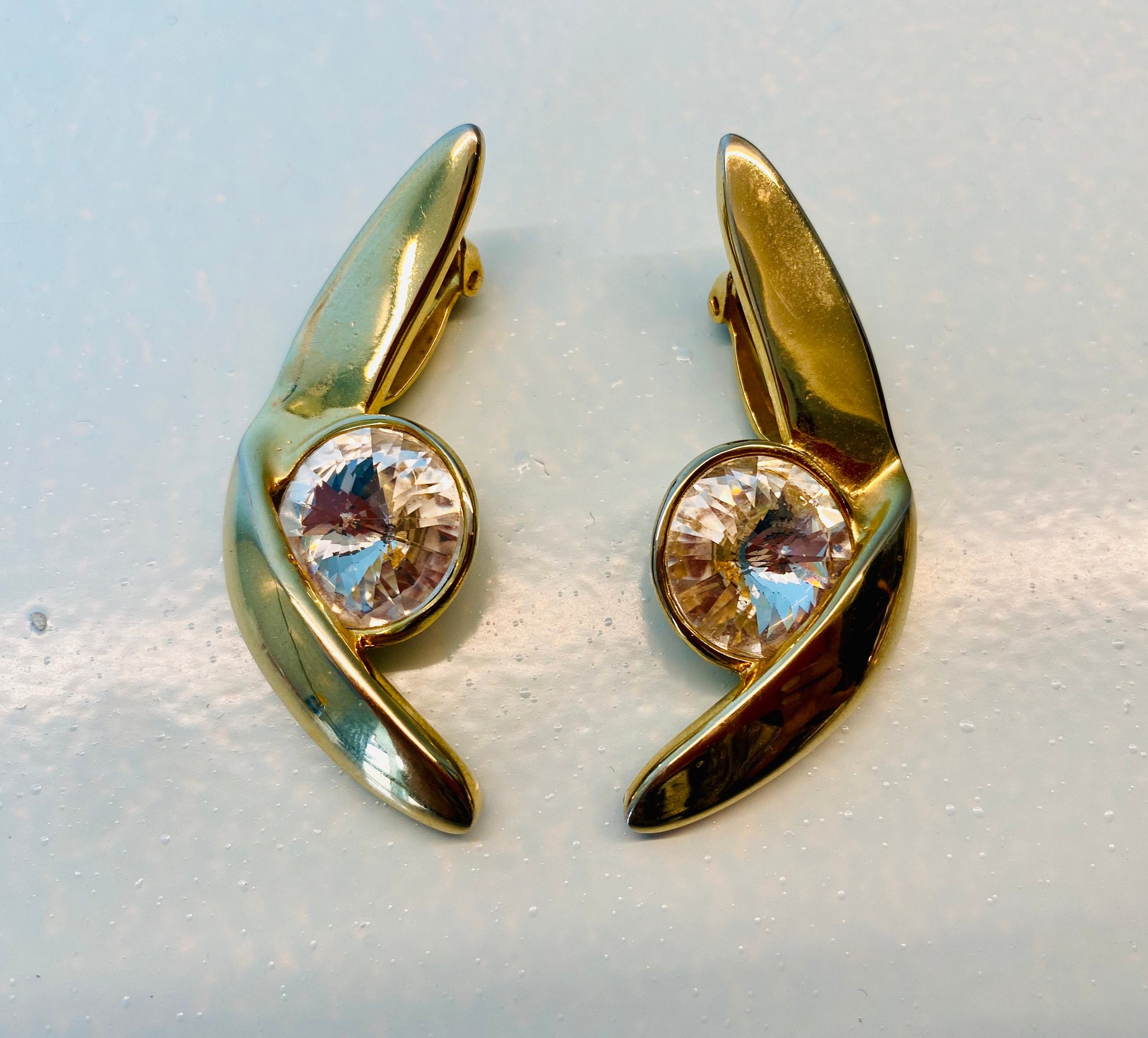 70s Alexis KIRK Huge Crystal Gold Plated Disco Clip On Earrings