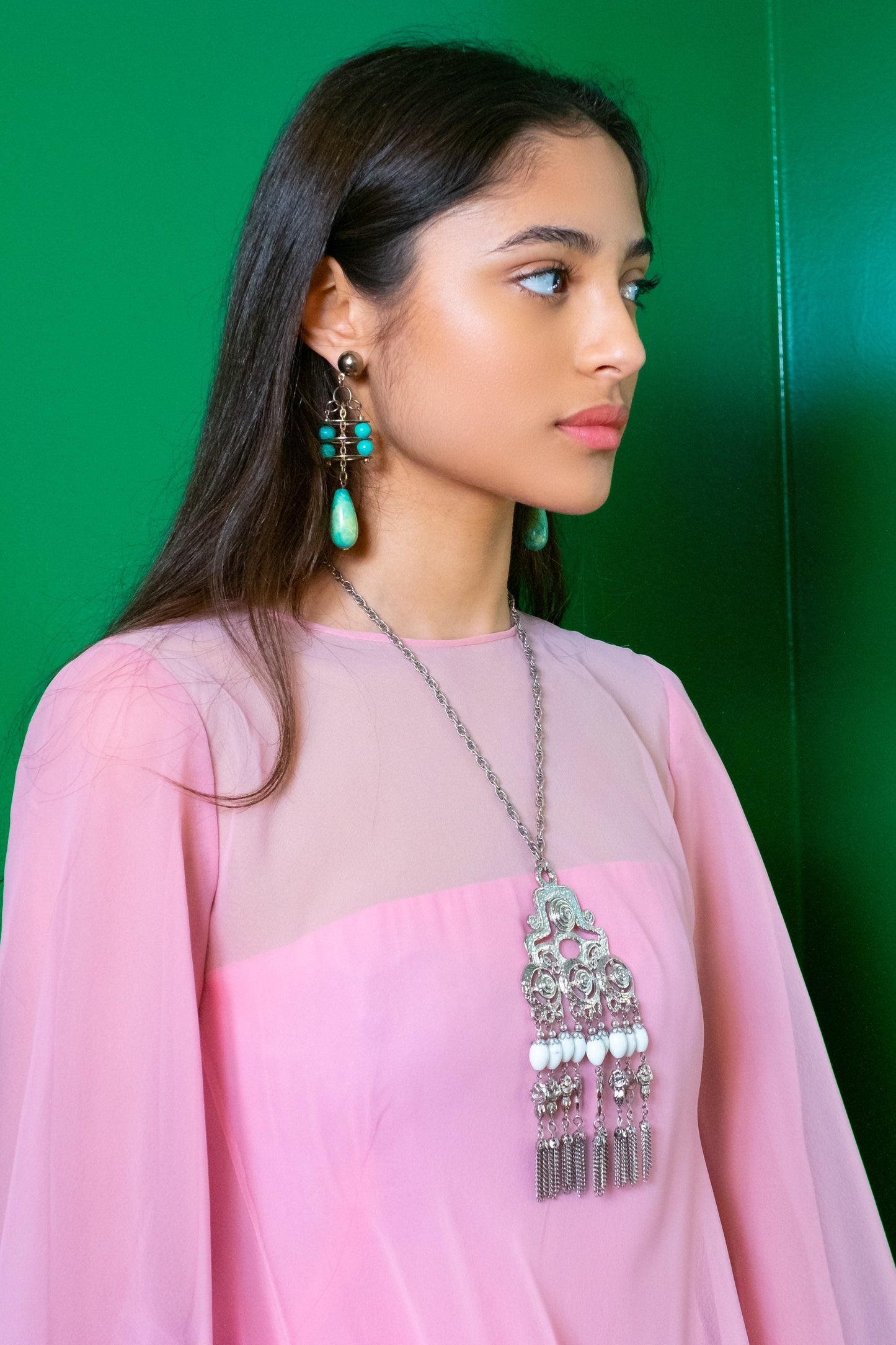 OOAK 60s 4” Faux Turquoise Silver Dangle Statement Artist Made Pierced Earrings