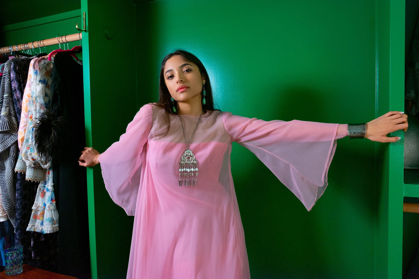 60s Silver Bohemian Egyptian Revival Statement Pendant Necklace