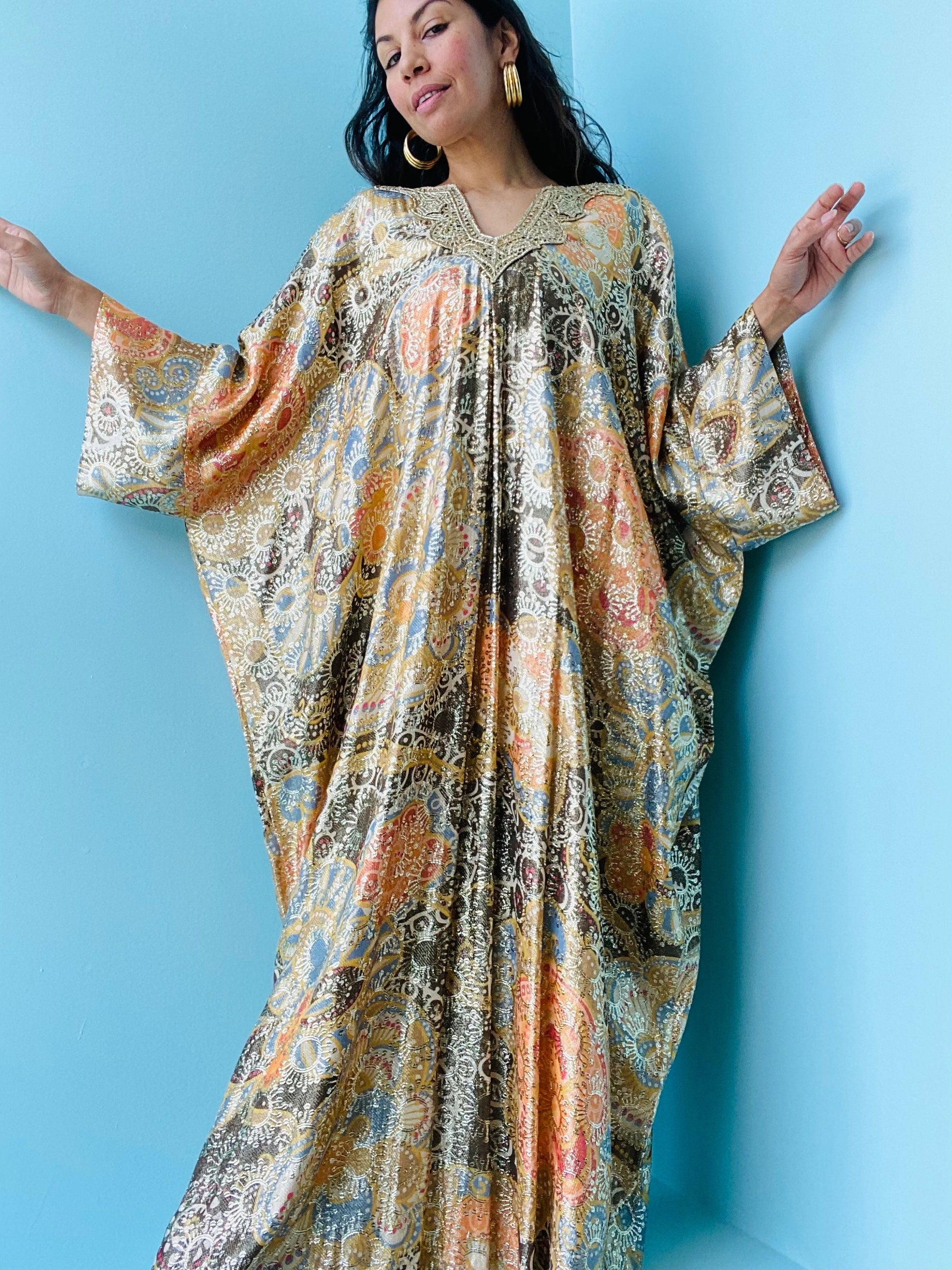 70s Lucie Ann Gold Metallic Brocade Hostess Caftan Dress