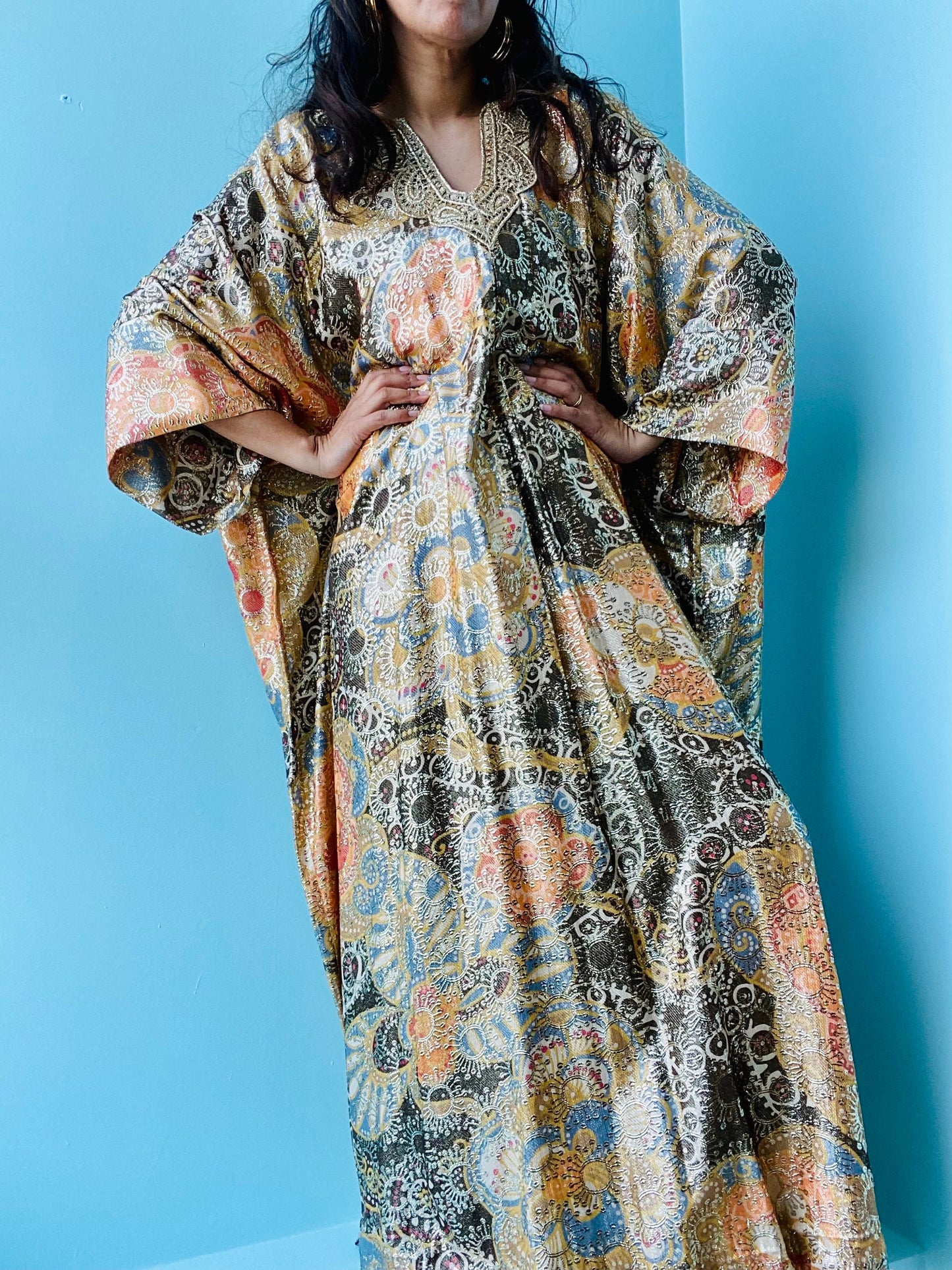 70s Lucie Ann Gold Metallic Brocade Hostess Caftan Dress