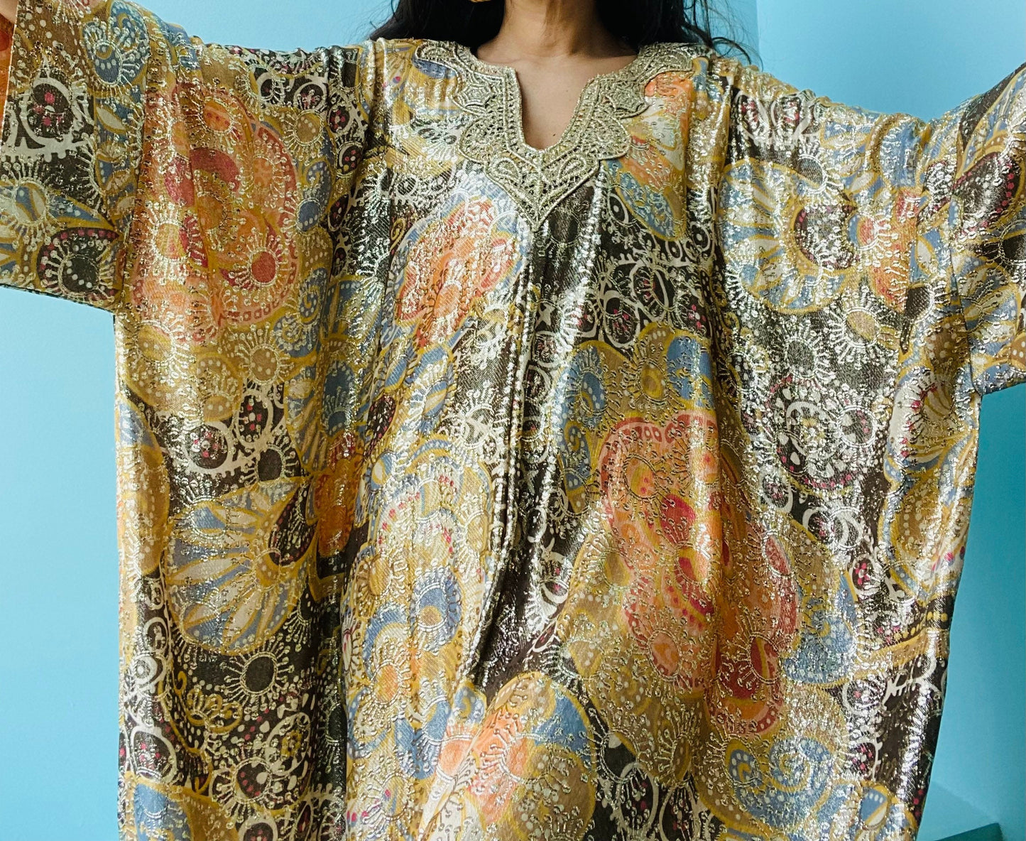 70s Lucie Ann Gold Metallic Brocade Hostess Caftan Dress