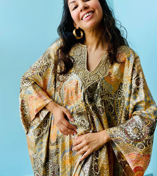 70s Lucie Ann Gold Metallic Brocade Hostess Caftan Dress