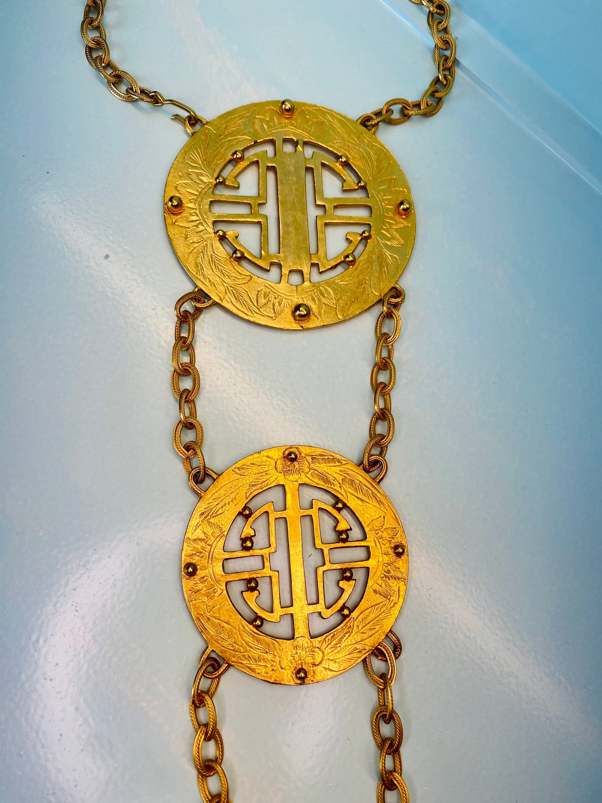 Alexis KIRK Museum Worthy Massive Gold Plated Etruscan Pendant Necklace / Body Necklace