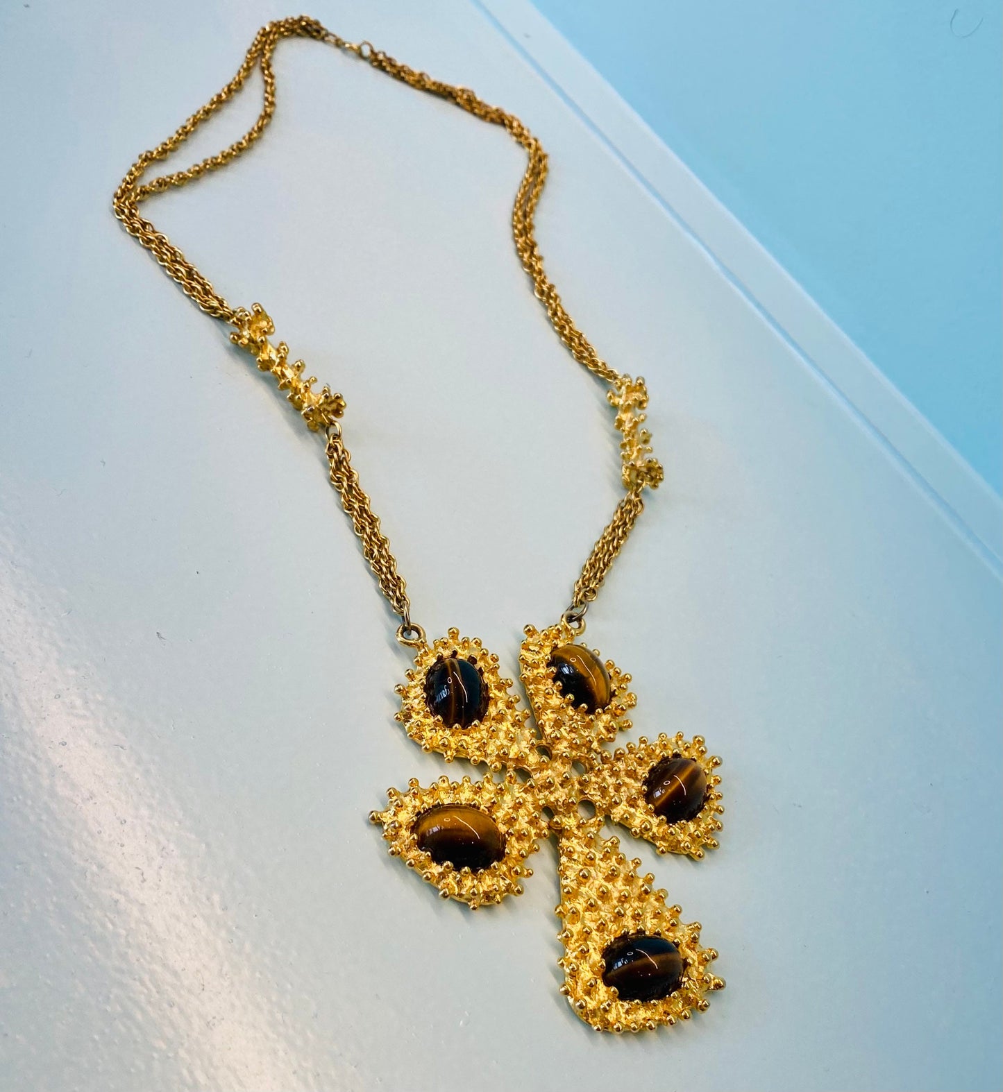 Rare 70s Huge Gold Tiger Eye Pendant on a Long Chain 26" long