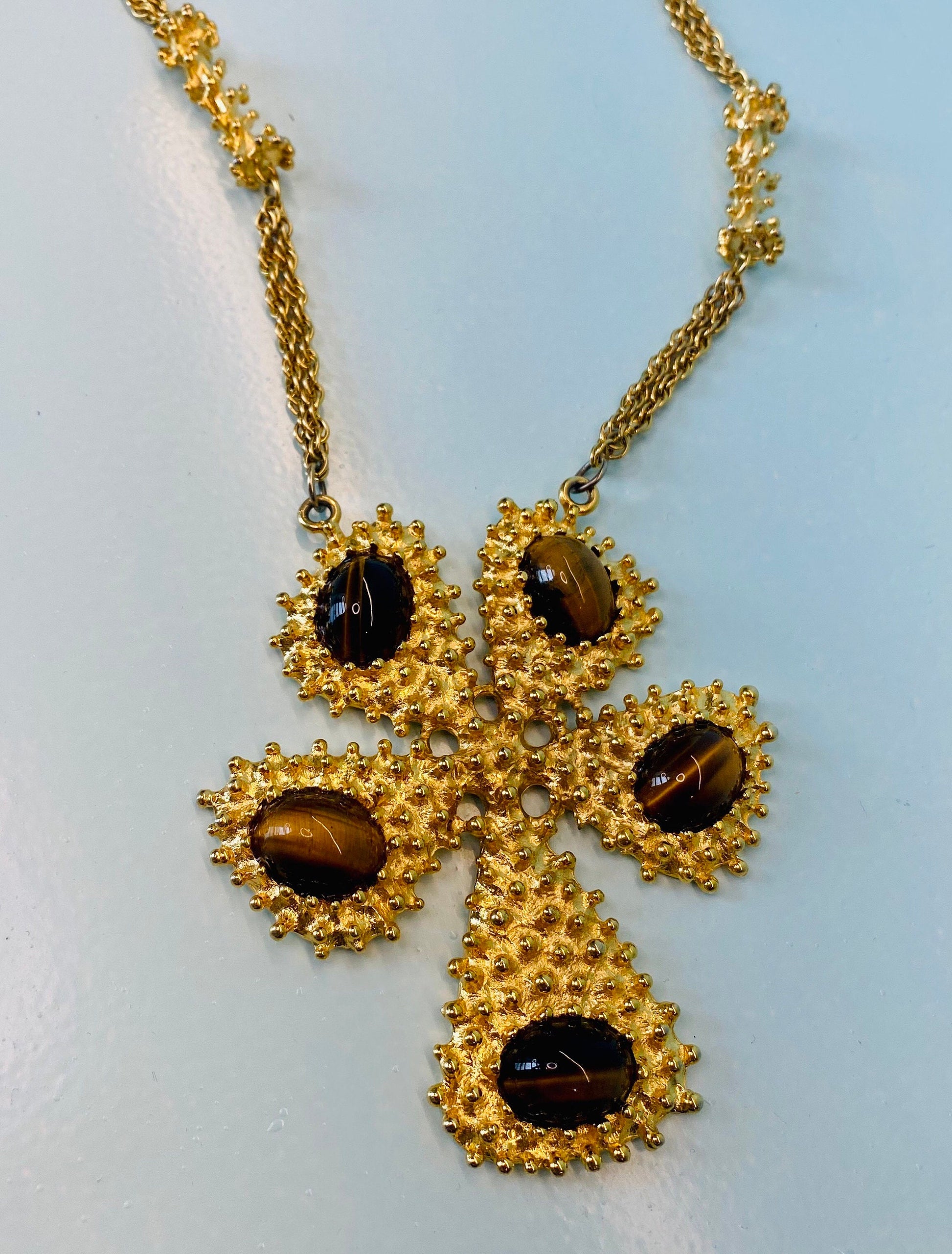 Rare 70s Huge Gold Tiger Eye Pendant on a Long Chain 26" long