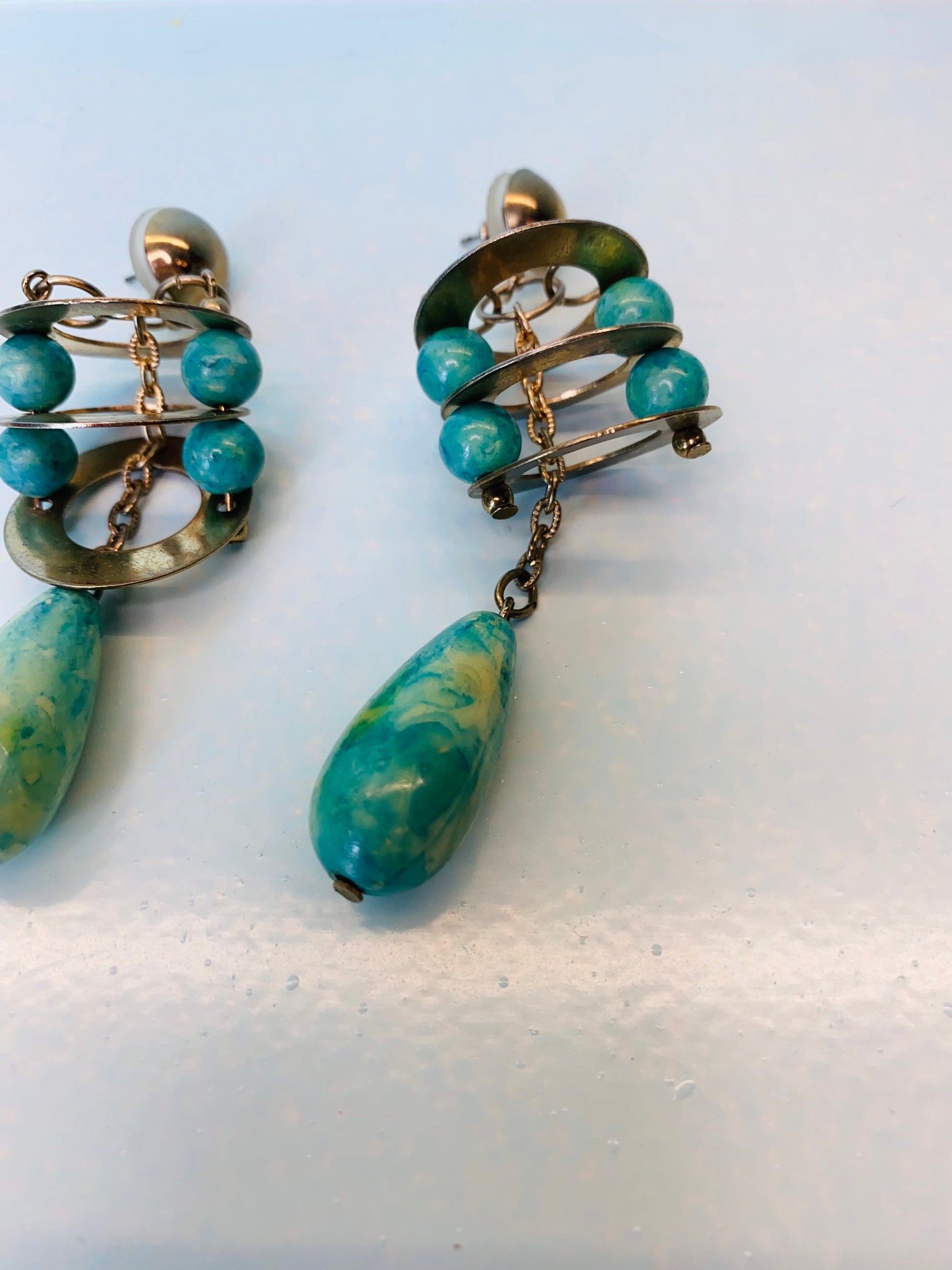 OOAK 60s 4” Faux Turquoise Silver Dangle Statement Artist Made Pierced Earrings