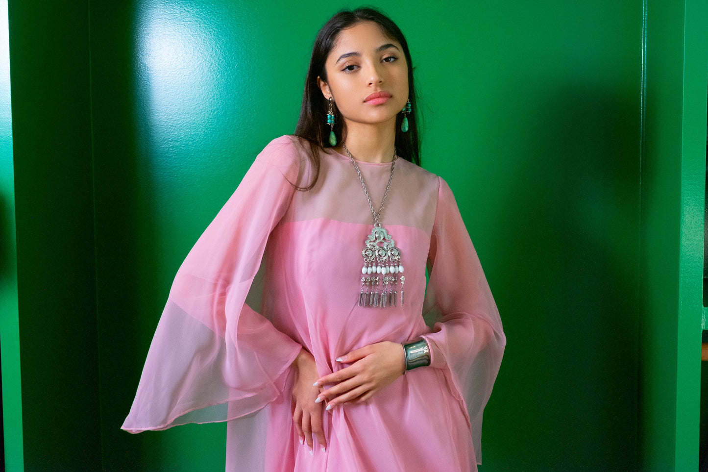 60s Silver Bohemian Egyptian Revival Statement Pendant Necklace