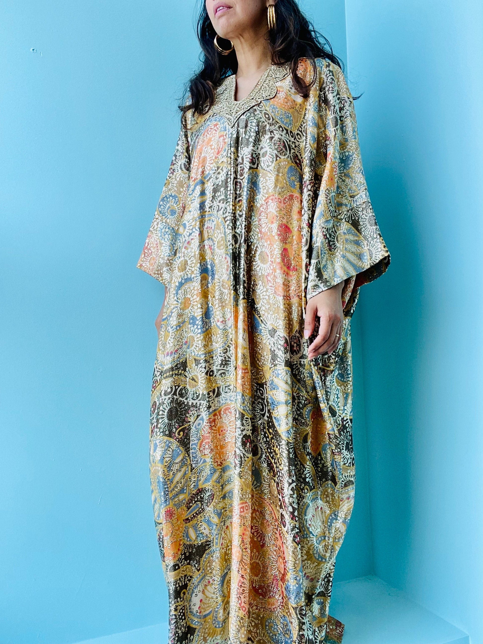 70s Lucie Ann Gold Metallic Brocade Hostess Caftan Dress