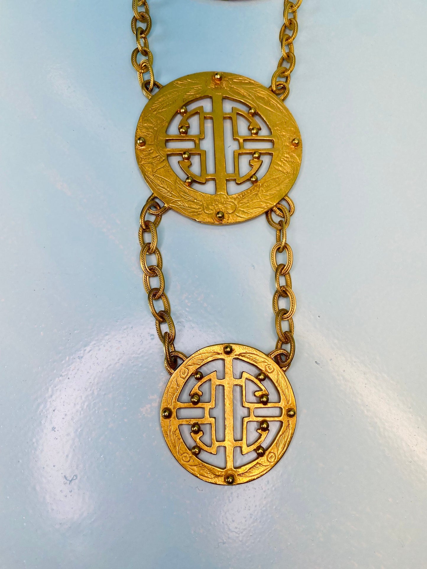 Alexis KIRK Museum Worthy Massive Gold Plated Etruscan Pendant Necklace / Body Necklace