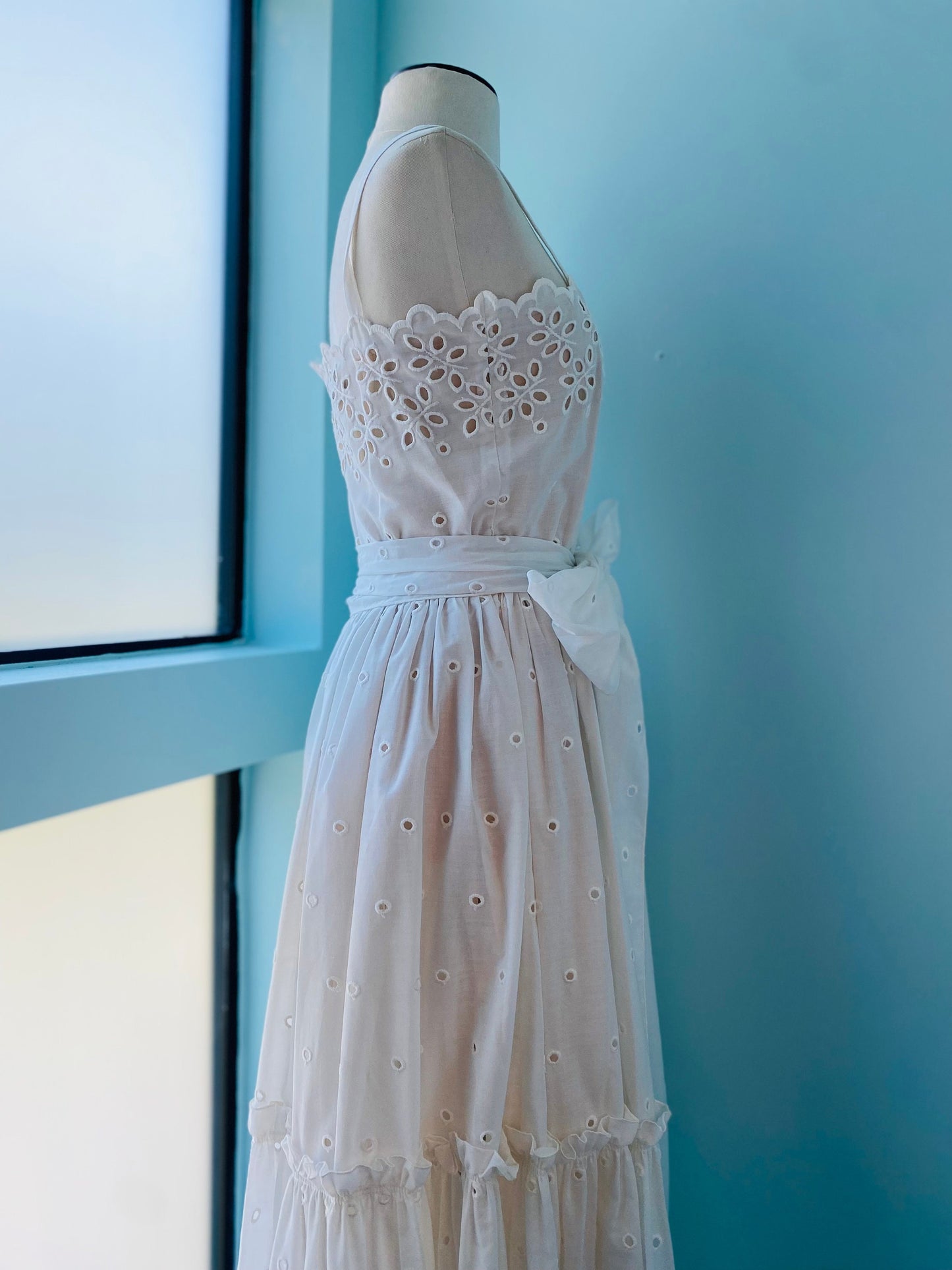 80s Albert Capraro White Eyelet Cotton Dress