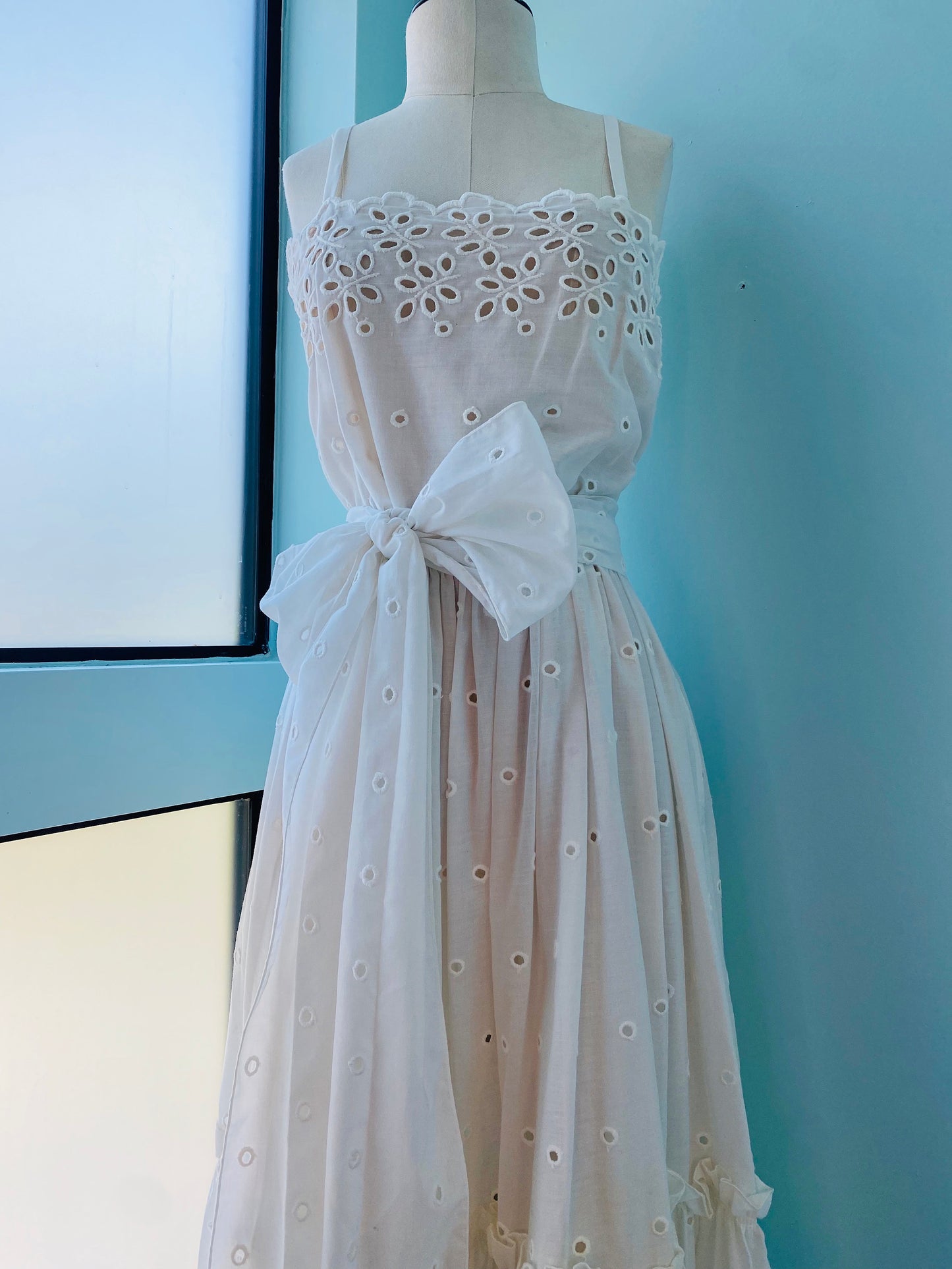 80s Albert Capraro White Eyelet Cotton Dress