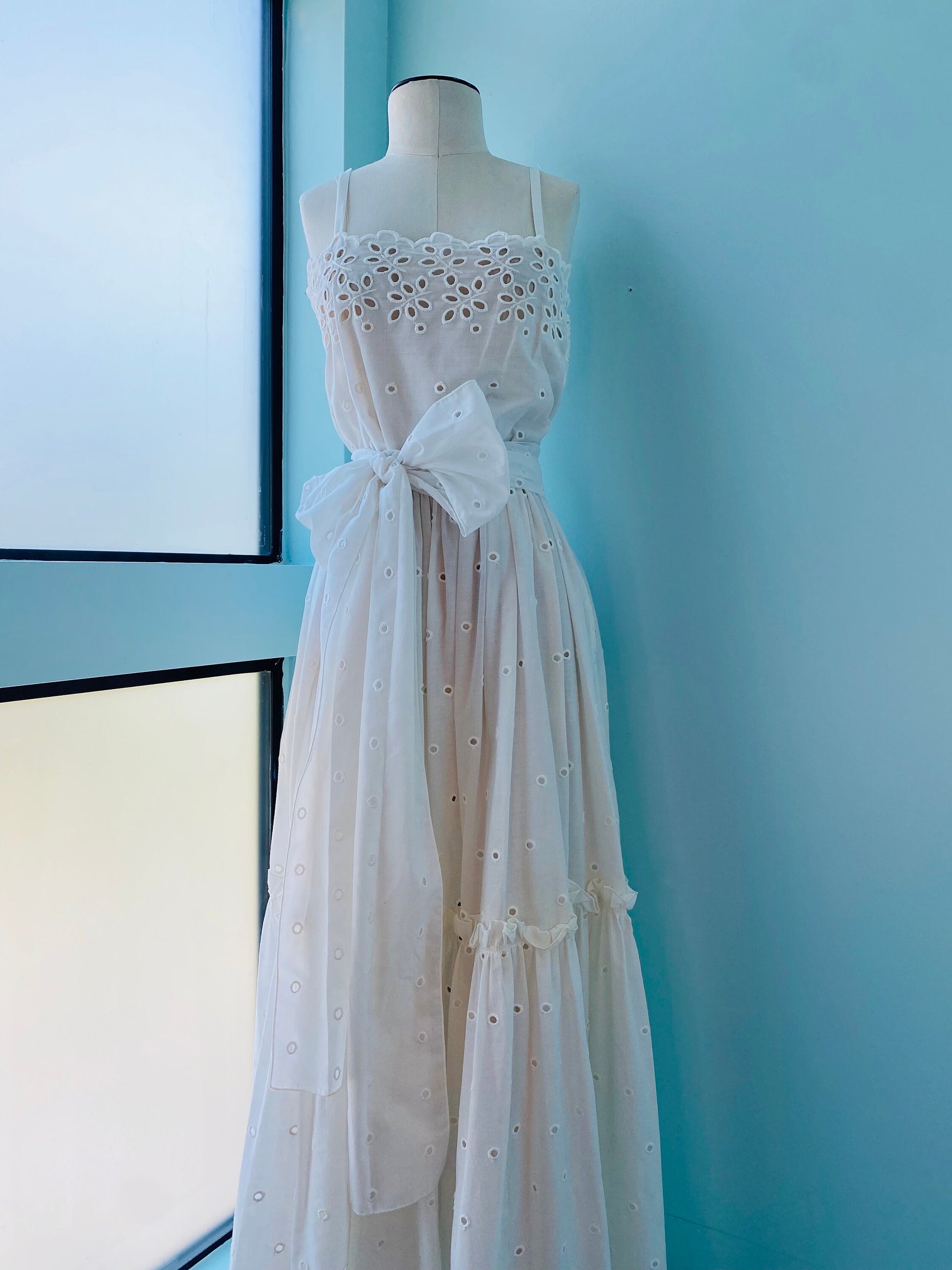 80s Albert Capraro White Eyelet Cotton Dress