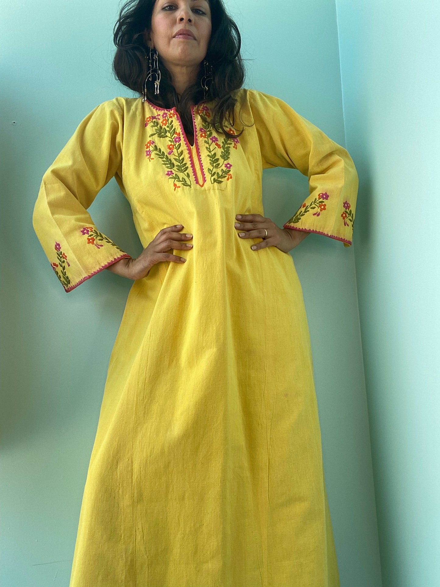 70s Josefa Ibarra Yellow Organic Cotton Embroidered Boho Hippie Caftan Small Medium