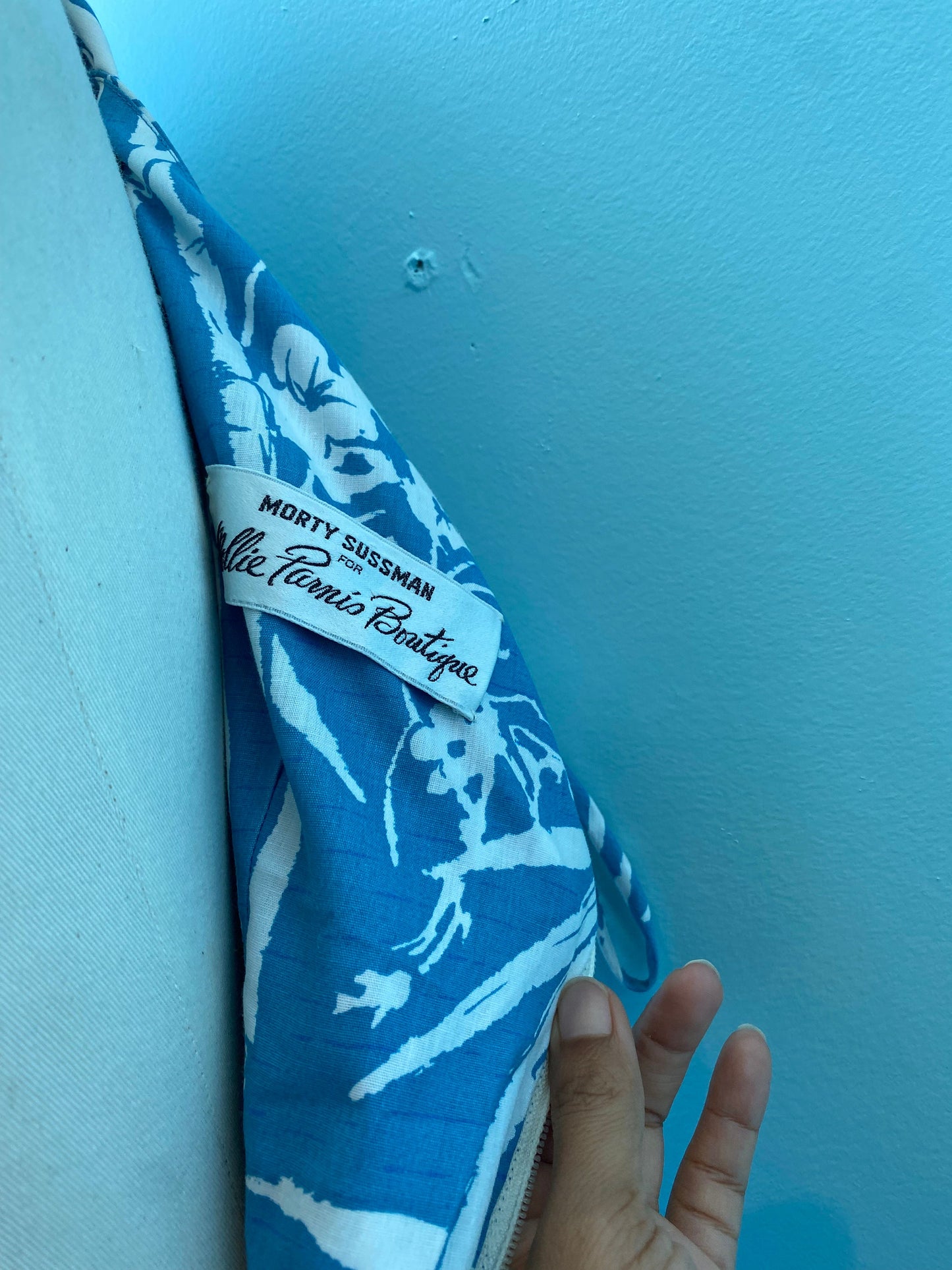 60s Mollie PARNIS Tikki Blue One Shoulder Cotton Maxi