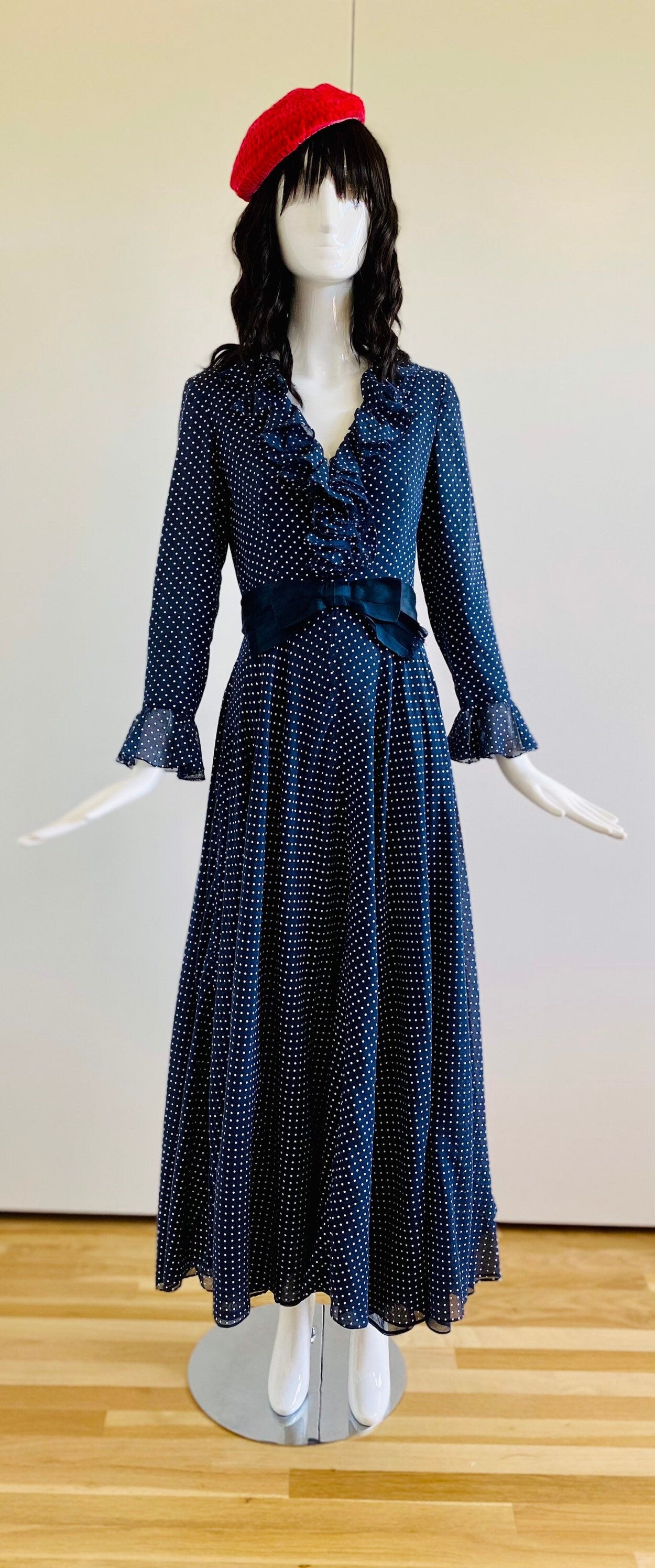 Small 50s RONA New York Blue Polka Dot Ruffled Full Circle Skirt Long Sleeves Dress