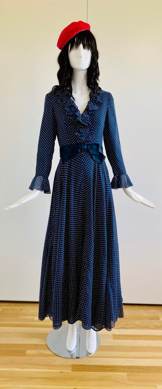 Small 50s RONA New York Blue Polka Dot Ruffled Full Circle Skirt Long Sleeves Dress