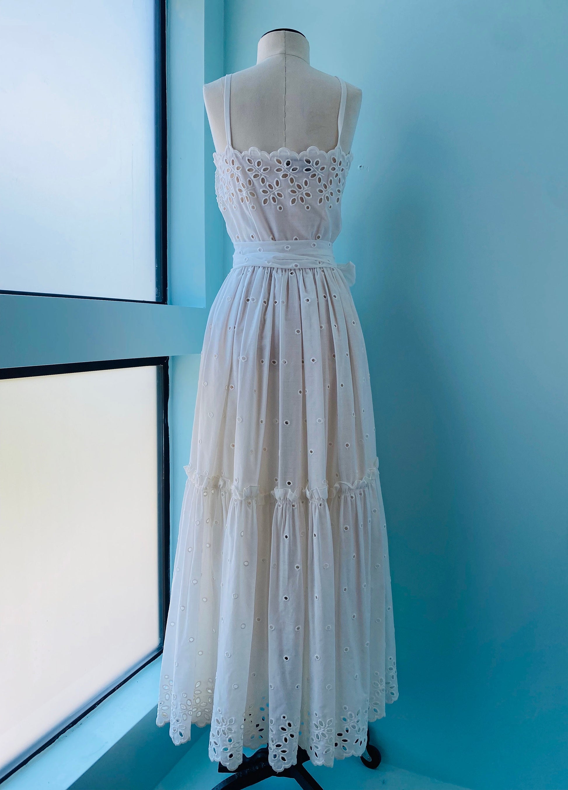 80s Albert Capraro White Eyelet Cotton Dress