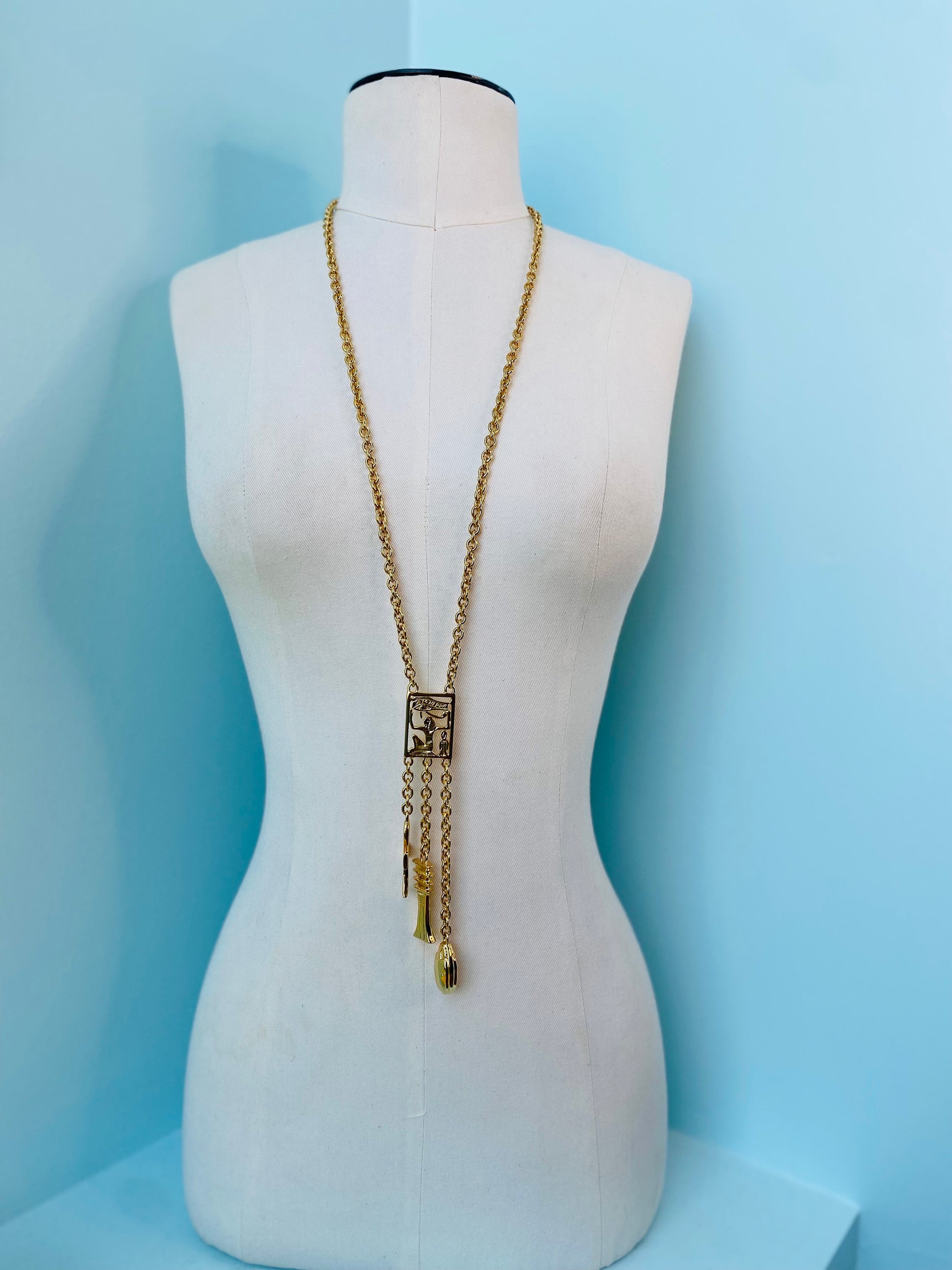 Kenneth Jay Lane Signed Egyptian Revival Gold Pendant Chain Necklace