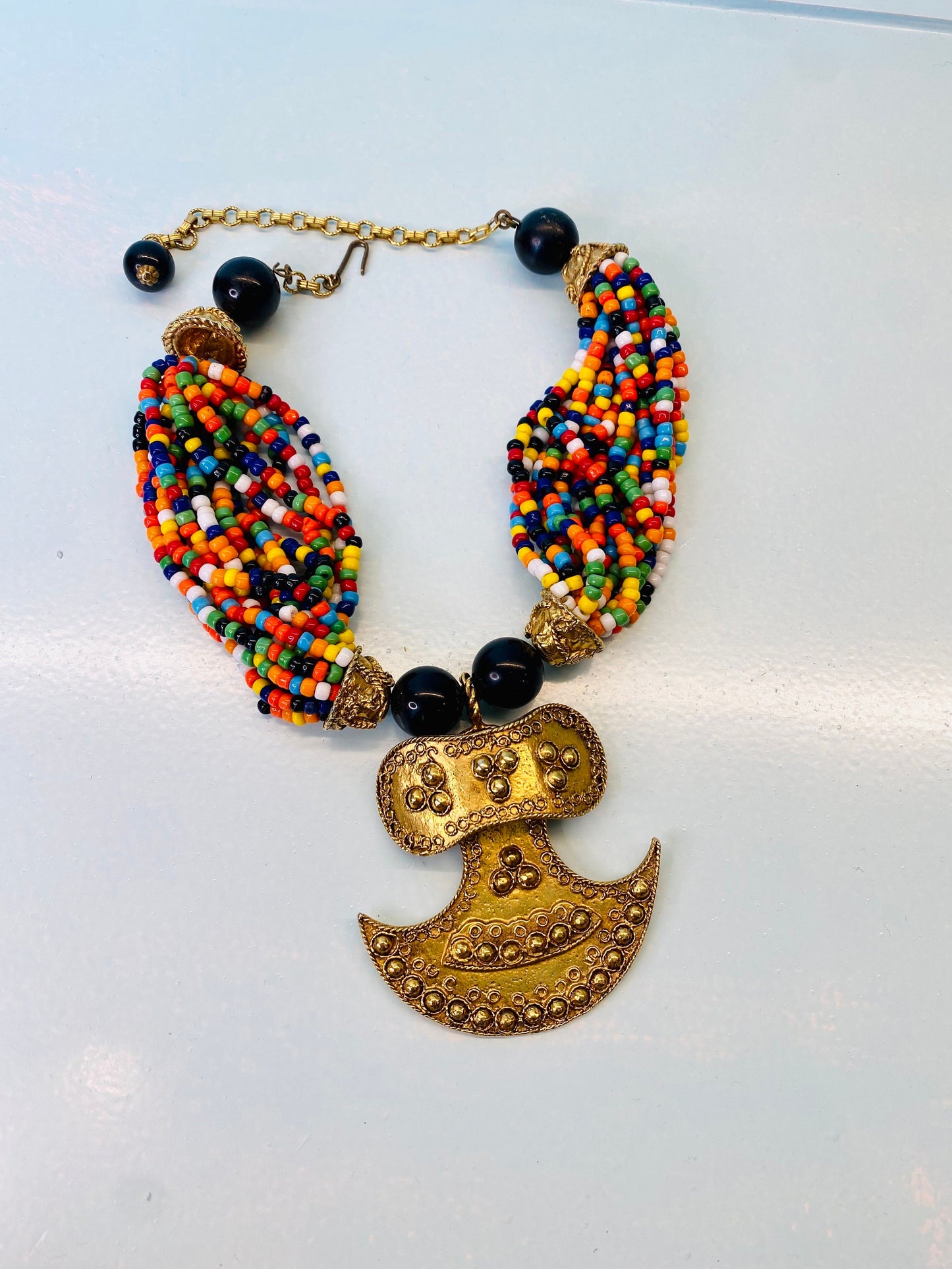 70s Couture Signed Kenneth Jay Lane Etruscan Revival Gold Plated Pendant Multi Color Beaded Collar Necklace