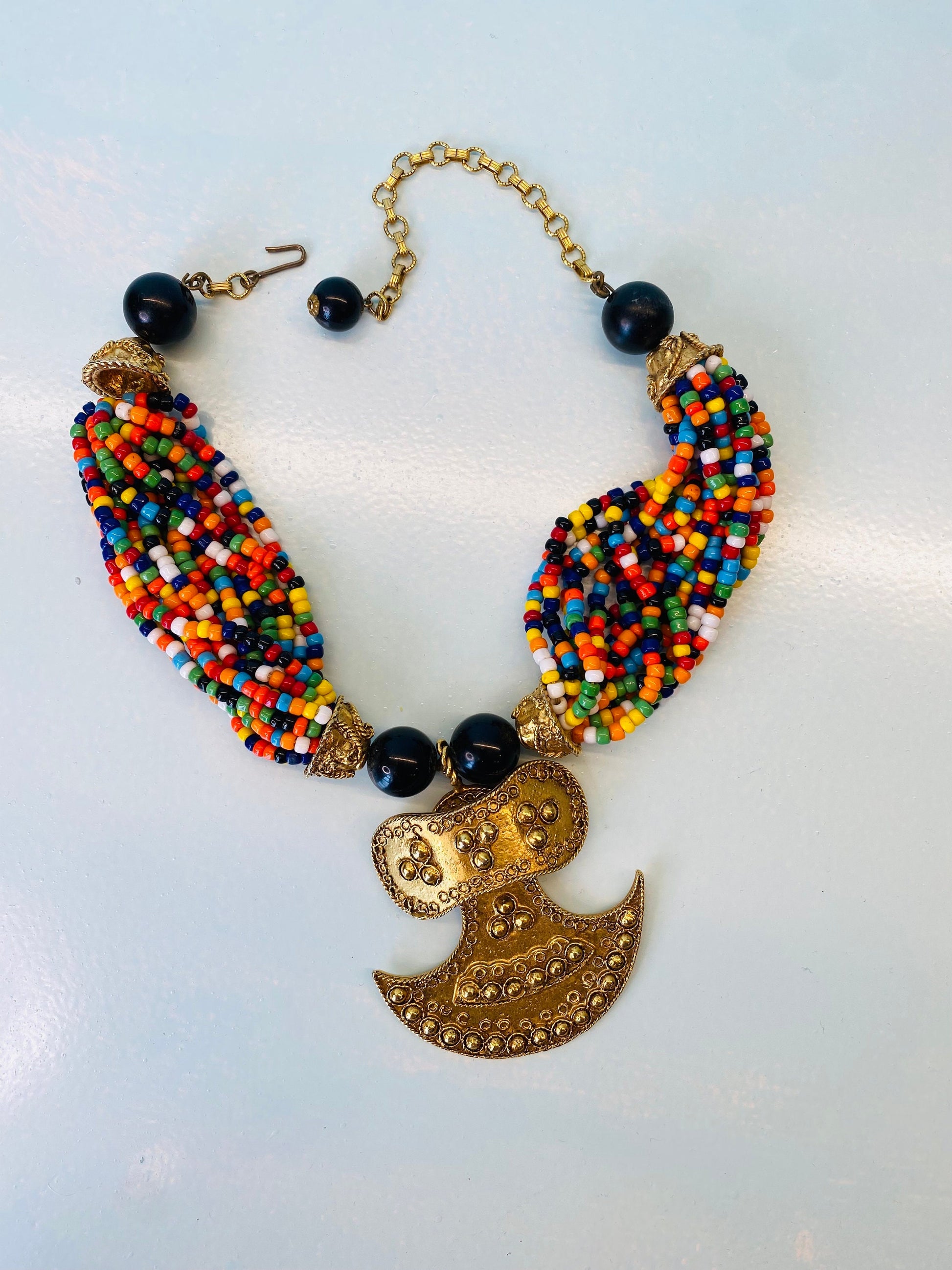 70s Couture Signed Kenneth Jay Lane Etruscan Revival Gold Plated Pendant Multi Color Beaded Collar Necklace
