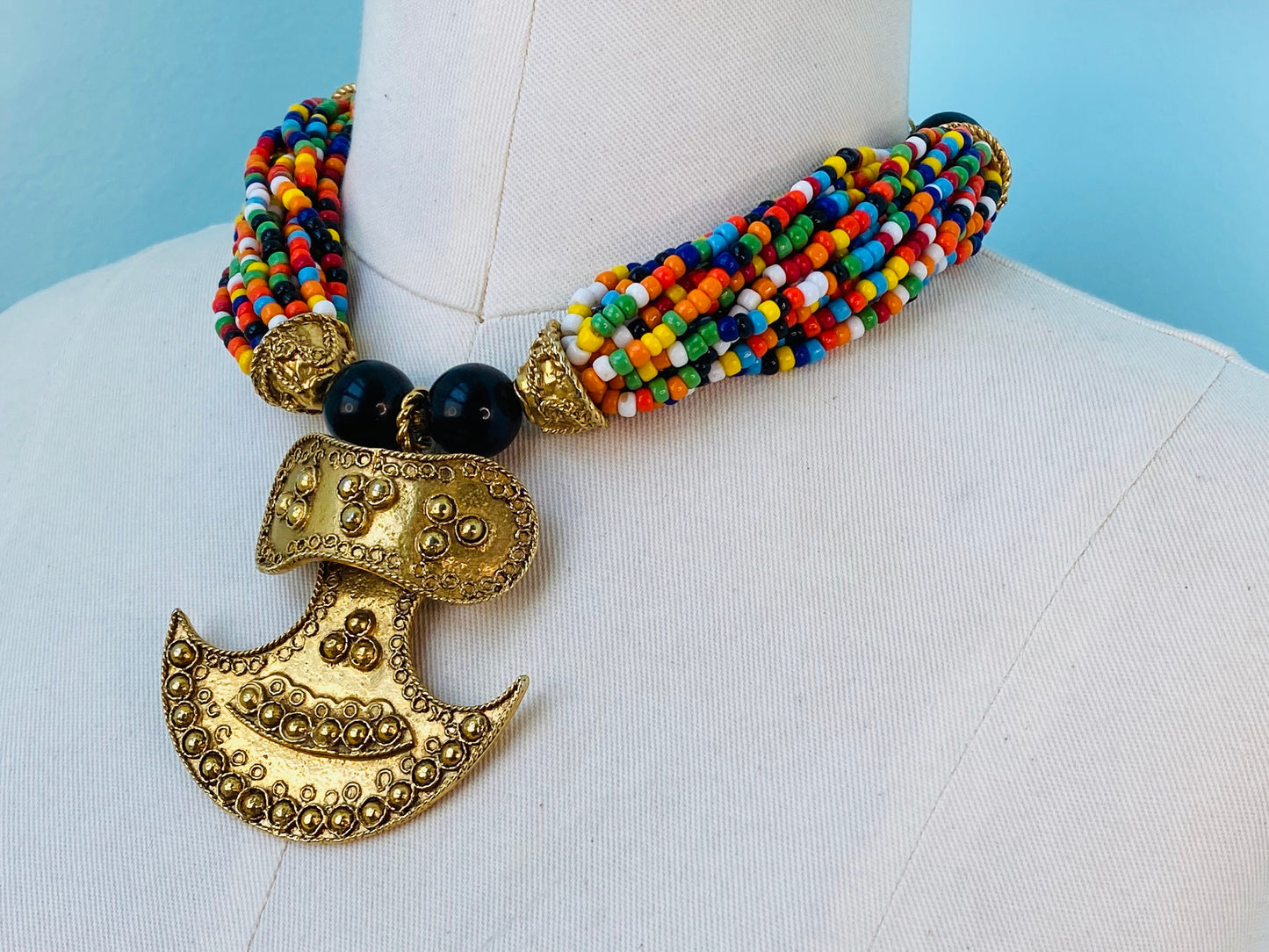 70s Couture Signed Kenneth Jay Lane Etruscan Revival Gold Plated Pendant Multi Color Beaded Collar Necklace