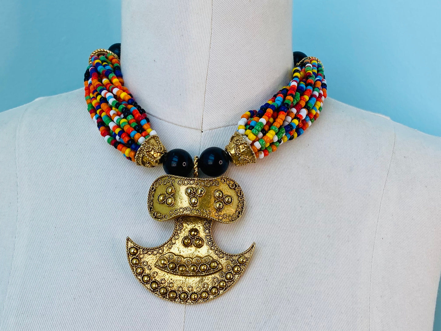 70s Couture Signed Kenneth Jay Lane Etruscan Revival Gold Plated Pendant Multi Color Beaded Collar Necklace