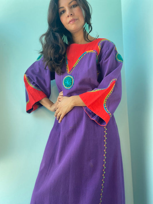 70s Josefa Ibarra Mexican Long Sleeves Purple Organic Cotton Embroidered Long Unisex Maxi Caftan Dress Bell Sleeves