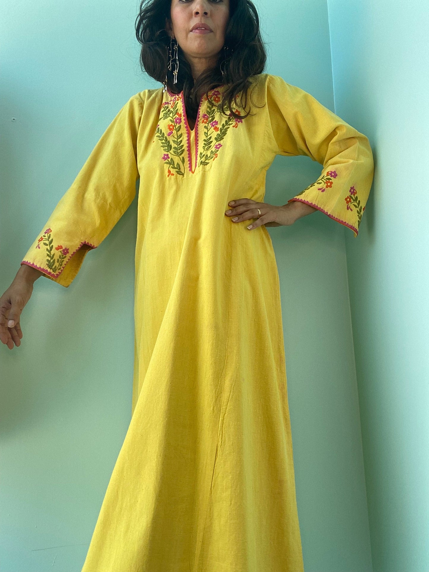 70s Josefa Ibarra Yellow Organic Cotton Embroidered Boho Hippie Caftan Small Medium