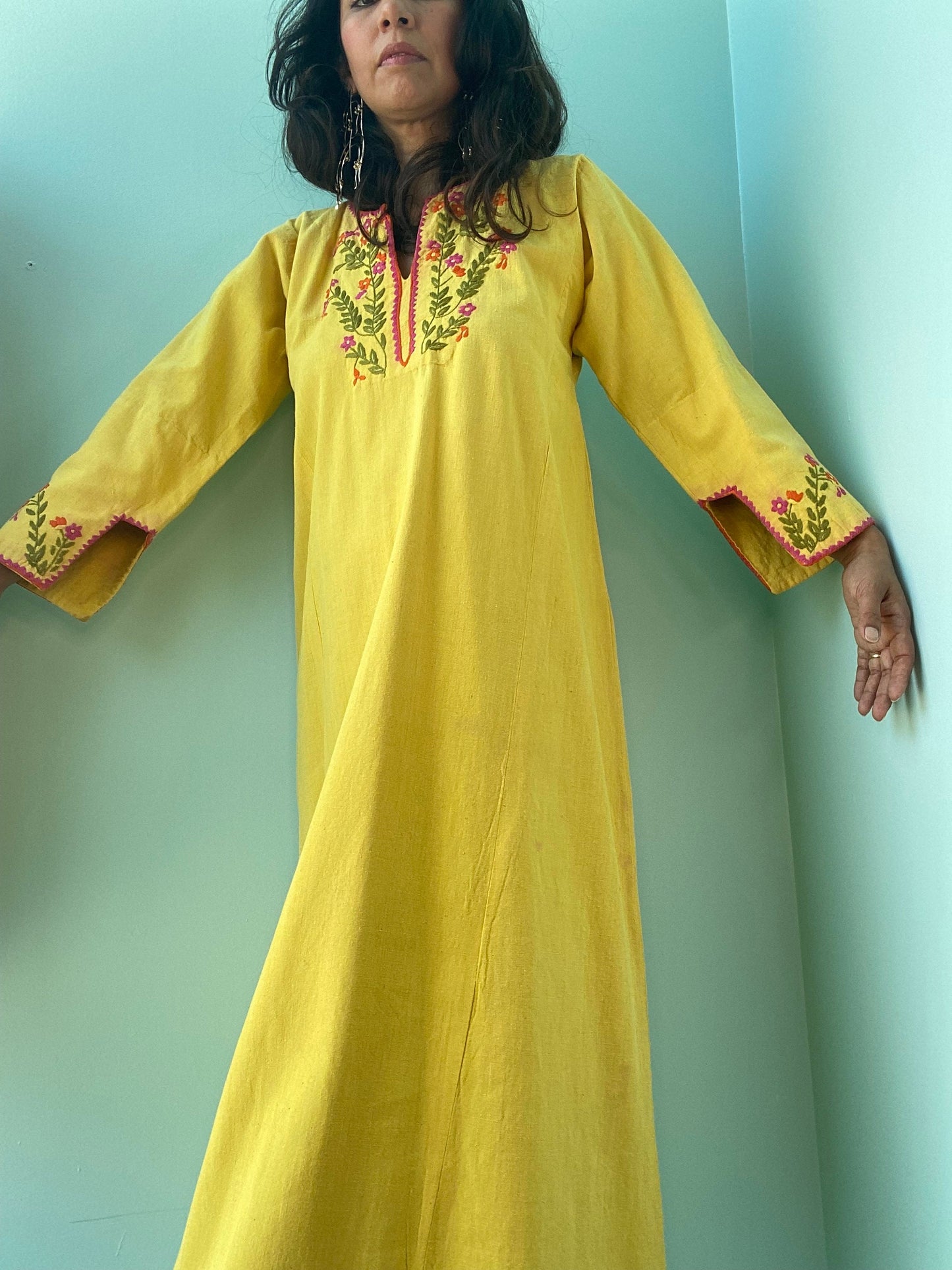 70s Josefa Ibarra Yellow Organic Cotton Embroidered Boho Hippie Caftan Small Medium