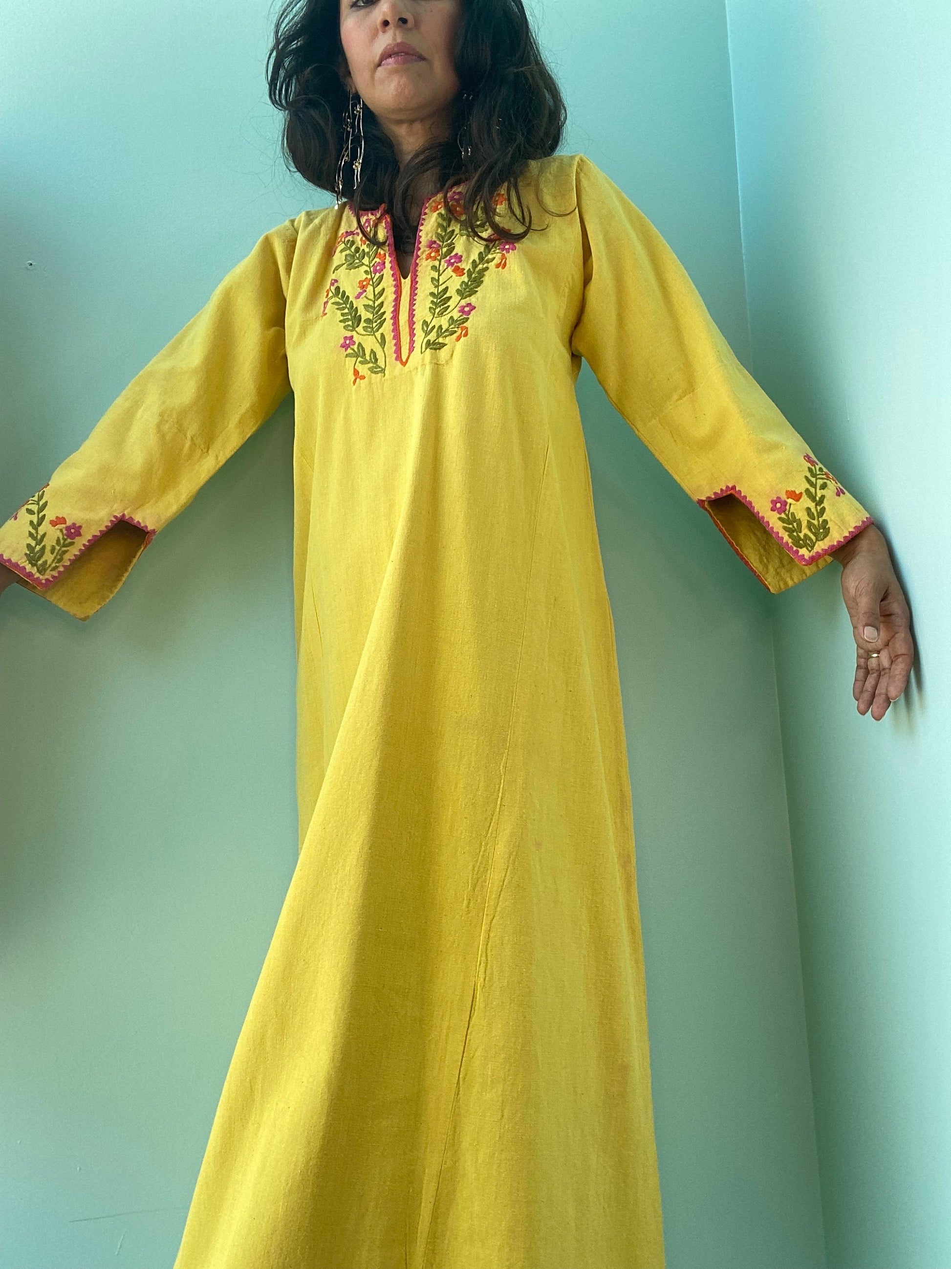 70s Josefa Ibarra Yellow Organic Cotton Embroidered Boho Hippie Caftan Small Medium