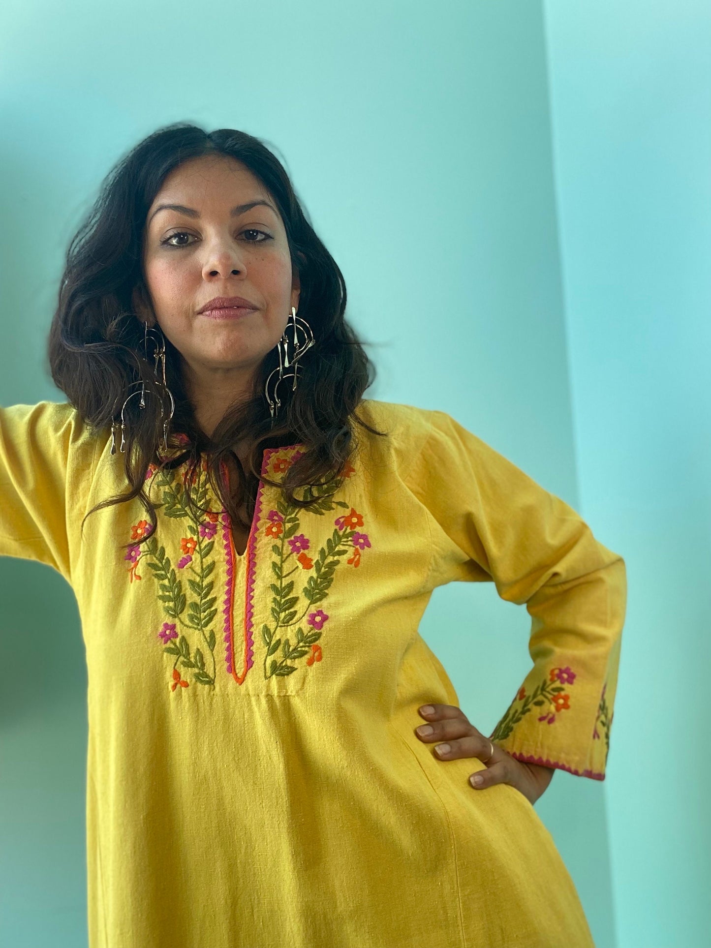 70s Josefa Ibarra Yellow Organic Cotton Embroidered Boho Hippie Caftan Small Medium