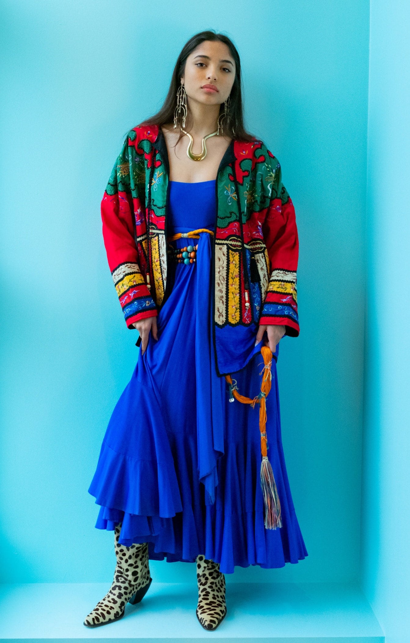 70s Giorgio Di Sant Angelo Blue Ruffled Maxi Bohemian Gypsy Dress