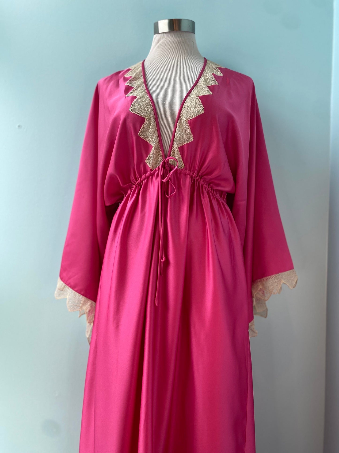 Zandra RHODES 70s Magenta Satin Lace Trimmed Maxi Dress Gown