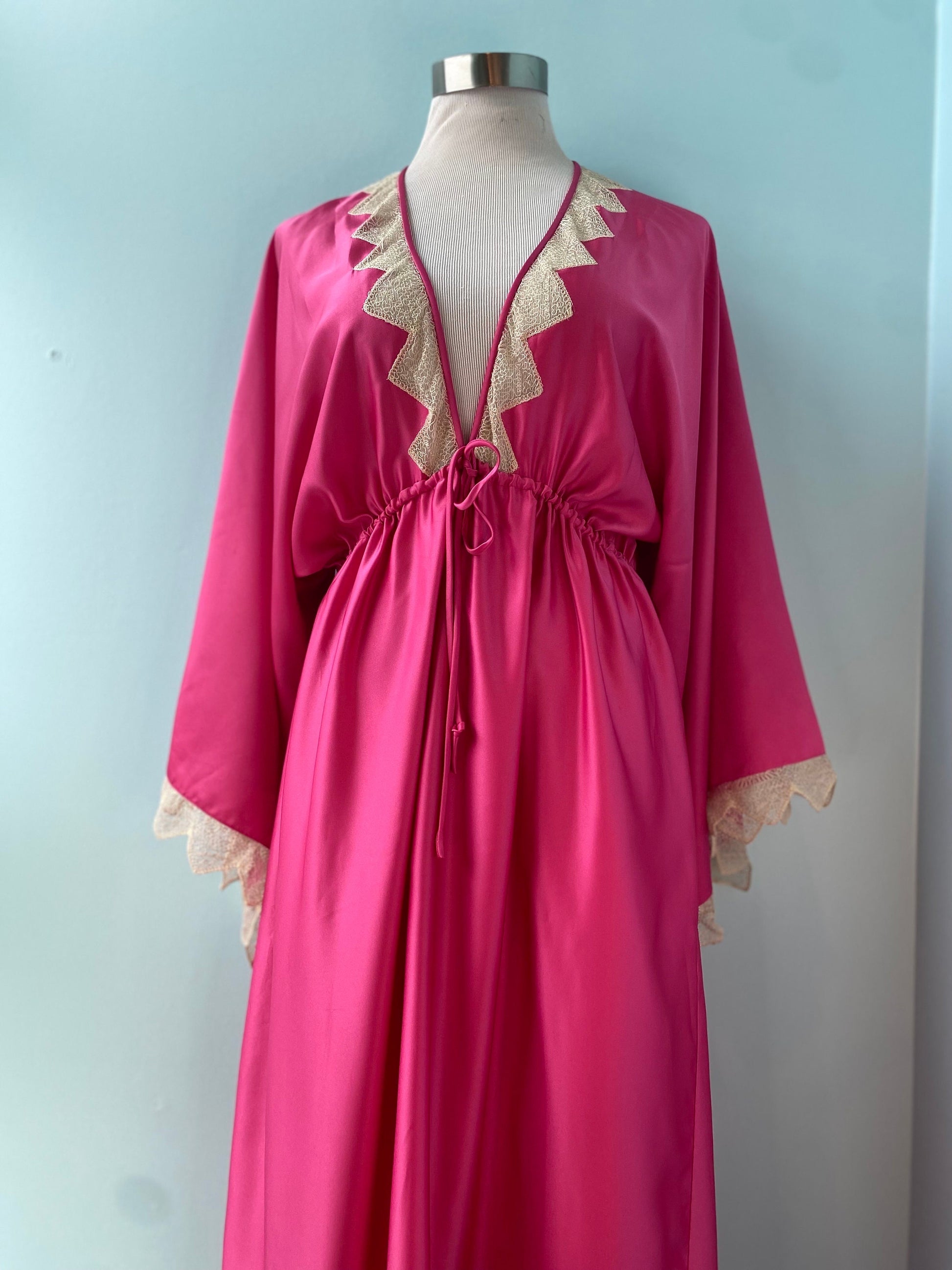 Zandra RHODES 70s Magenta Satin Lace Trimmed Maxi Dress Gown