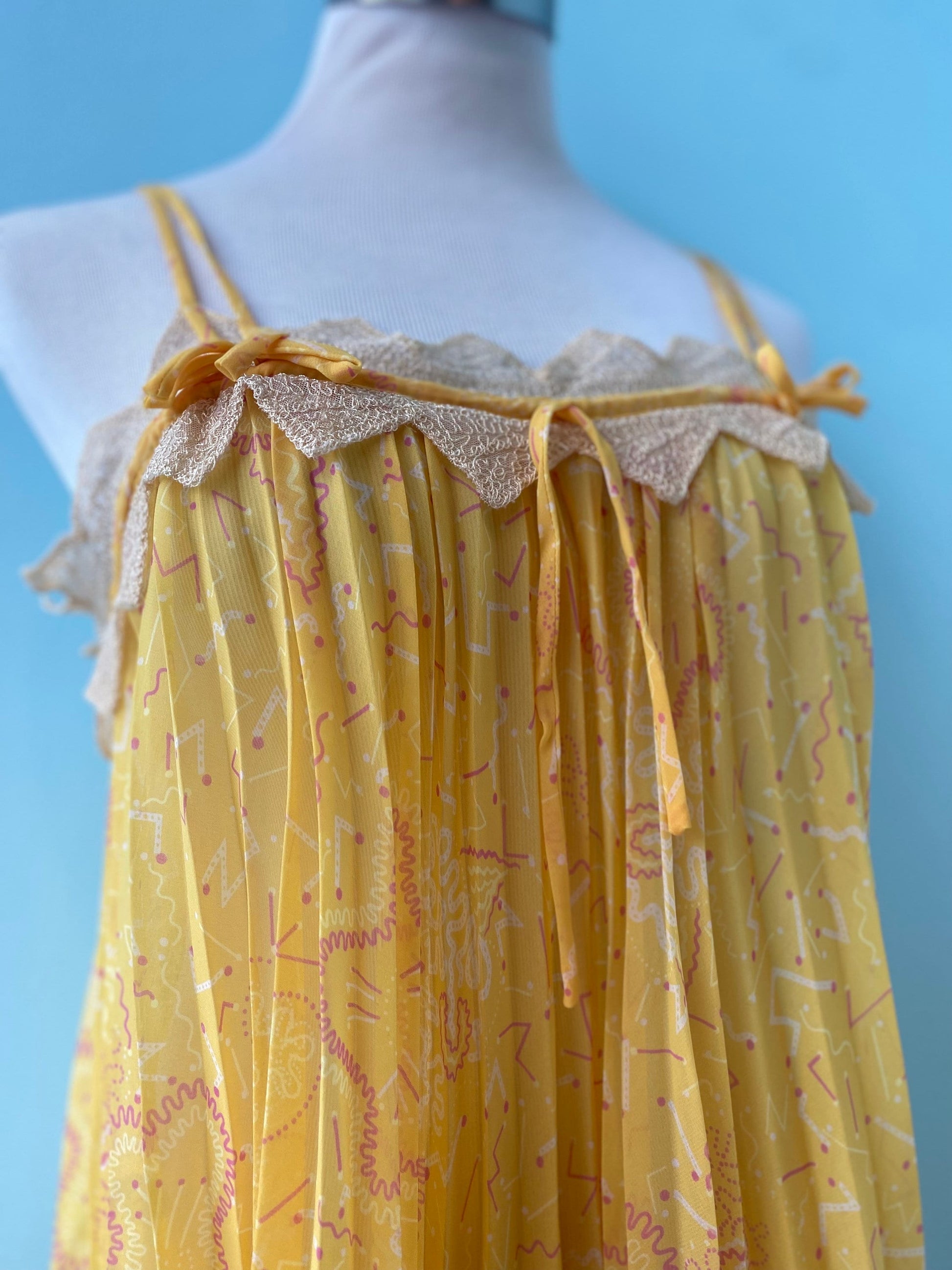 70s Zandra RHODES Yellow Pleated Lace Trimmed Tent Slip Dress