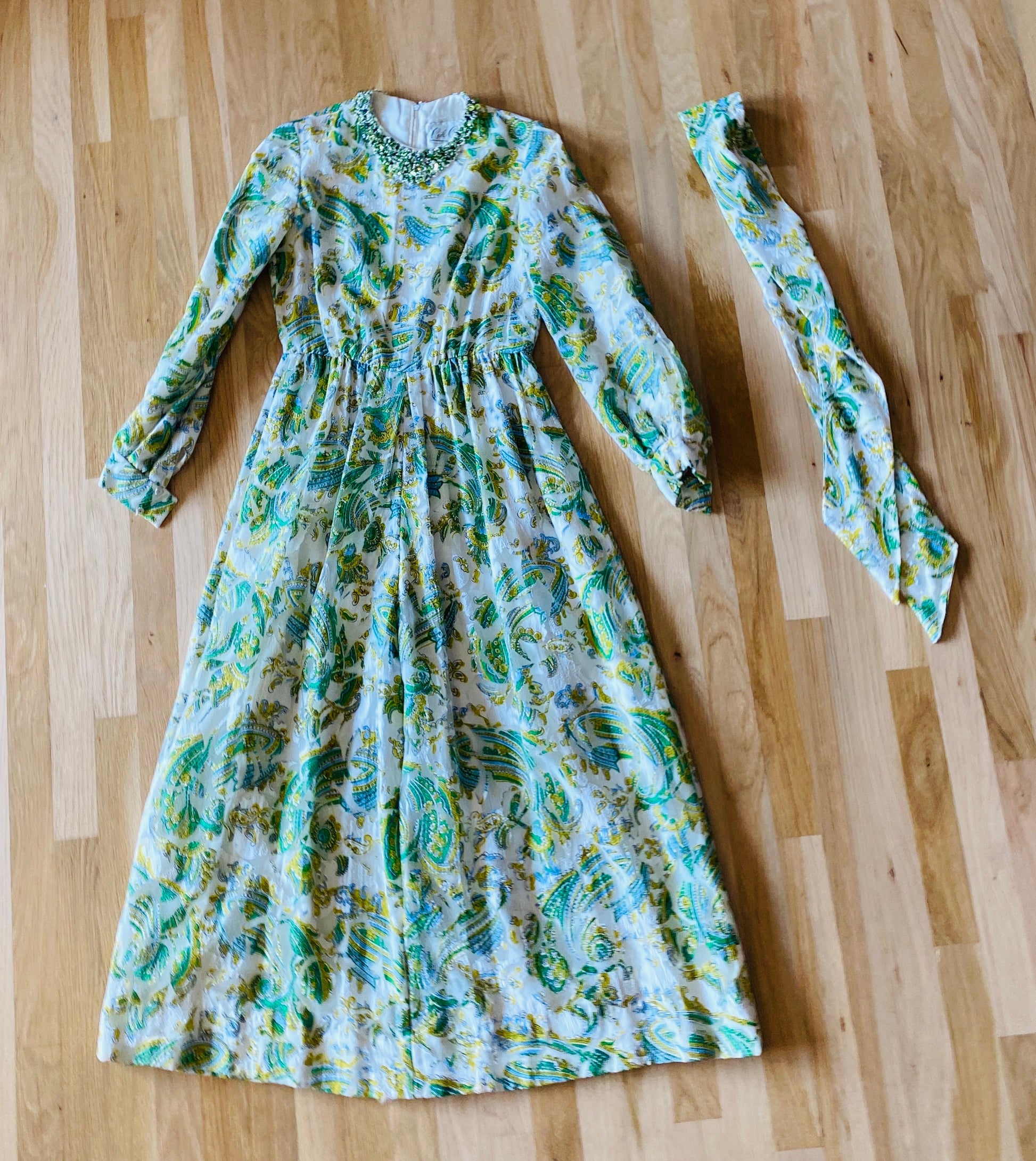 60s Ceil CHAPMAN Jacquard Paisley Beaded Gown