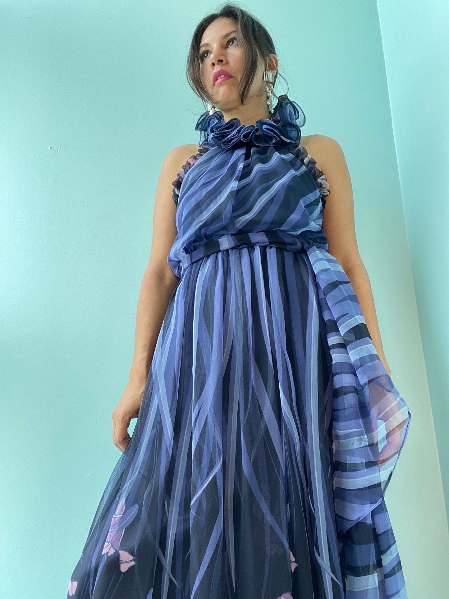 70s Floral Rufflued Neck Halter Maxi Chiffon Dress