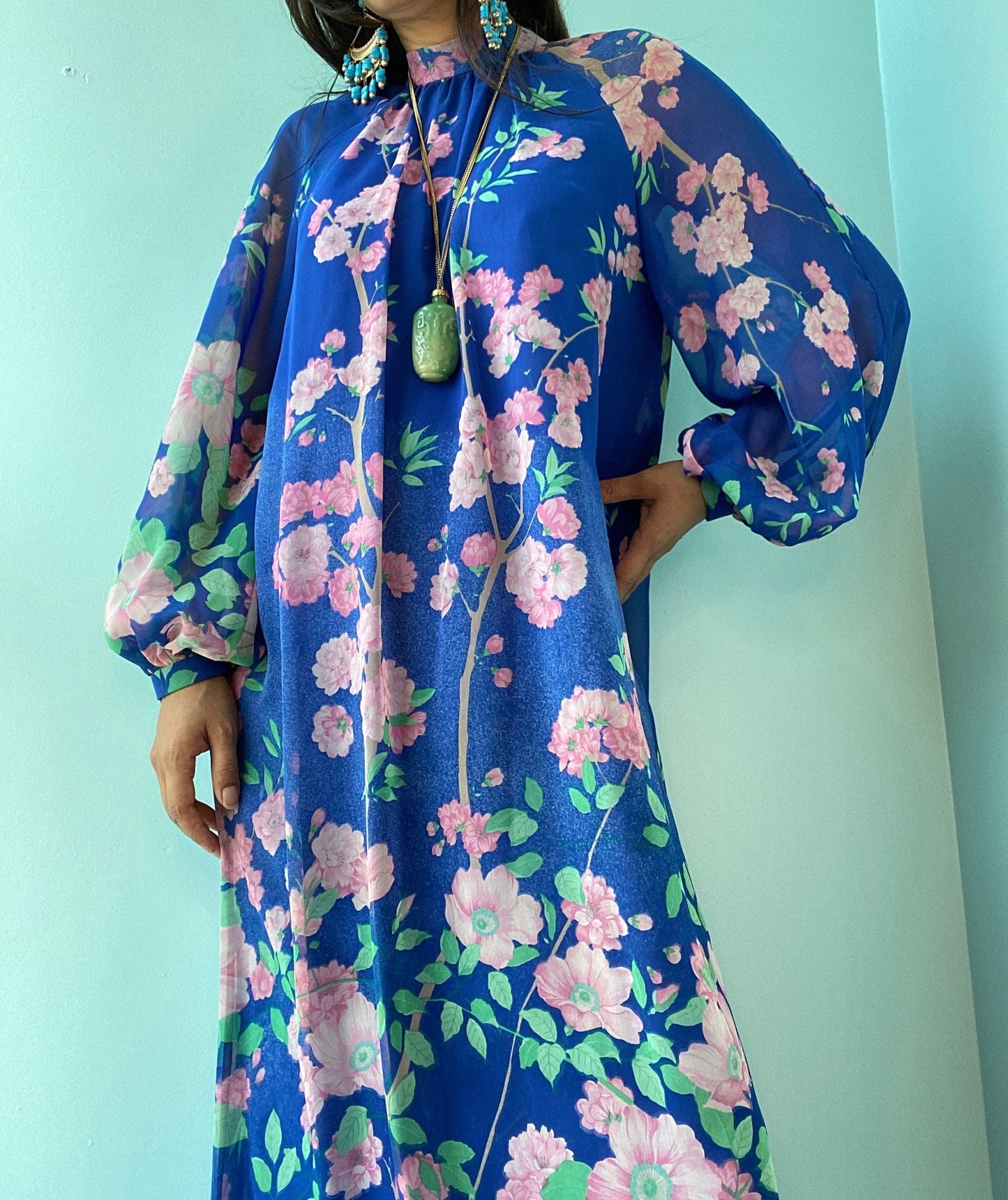 Vintage 70s Hanae Mori Floral Print Chiffon Maxi Bishop Sleeves Dress