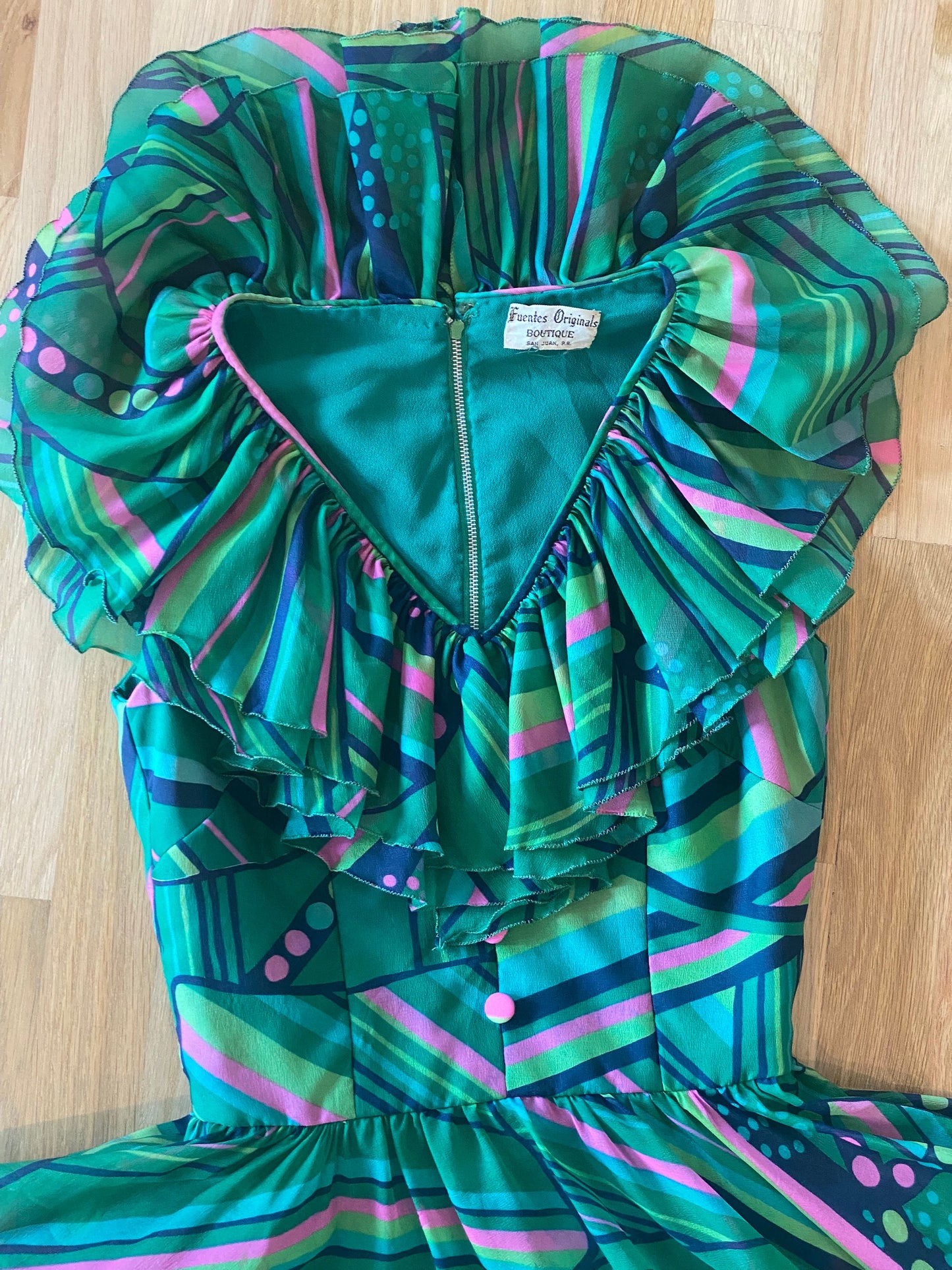 60s Luis Fuentes Ruffled Green Psychedelic Print Dress