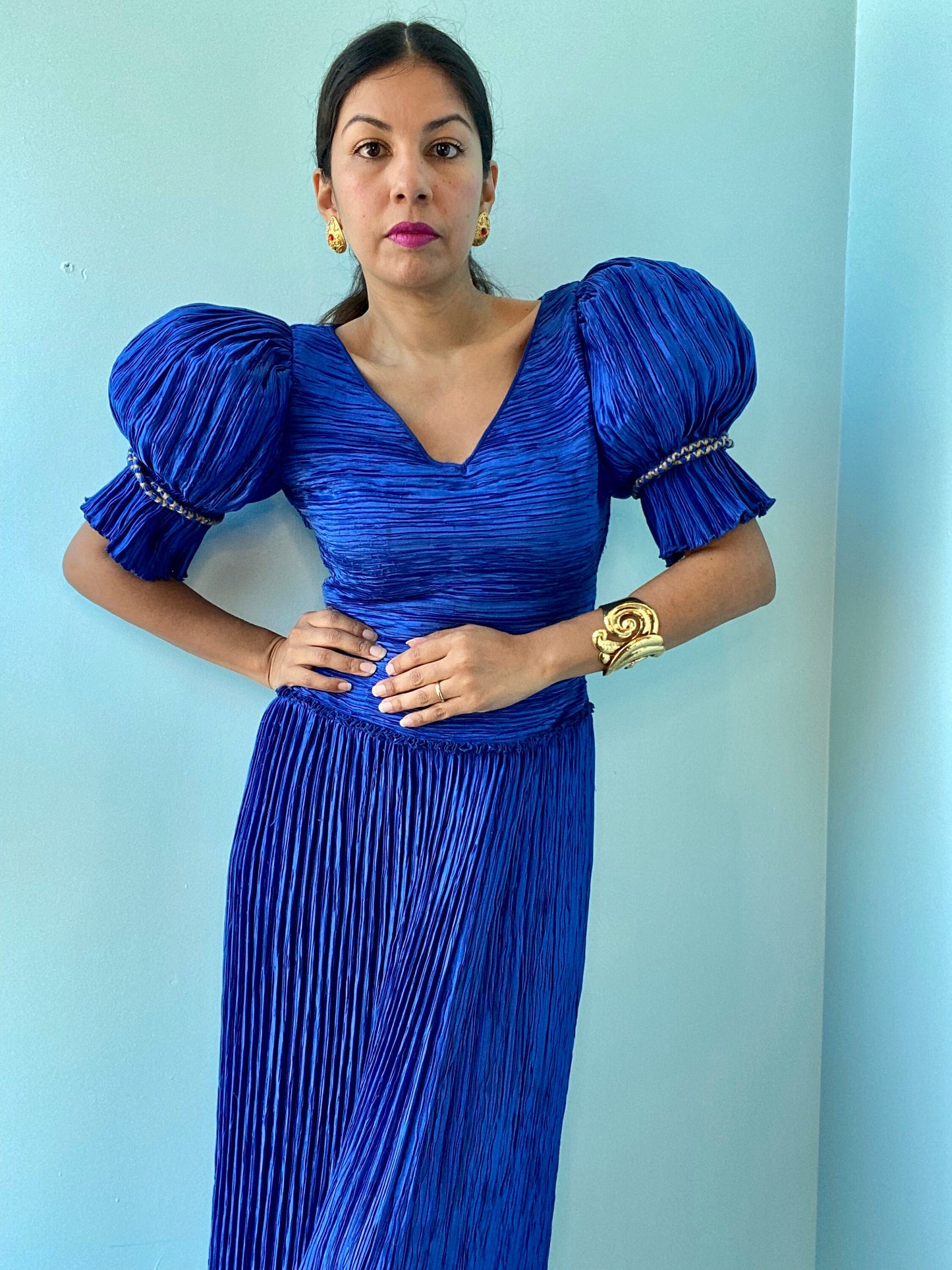 80s Mary McFadden Blue Pleated Gown