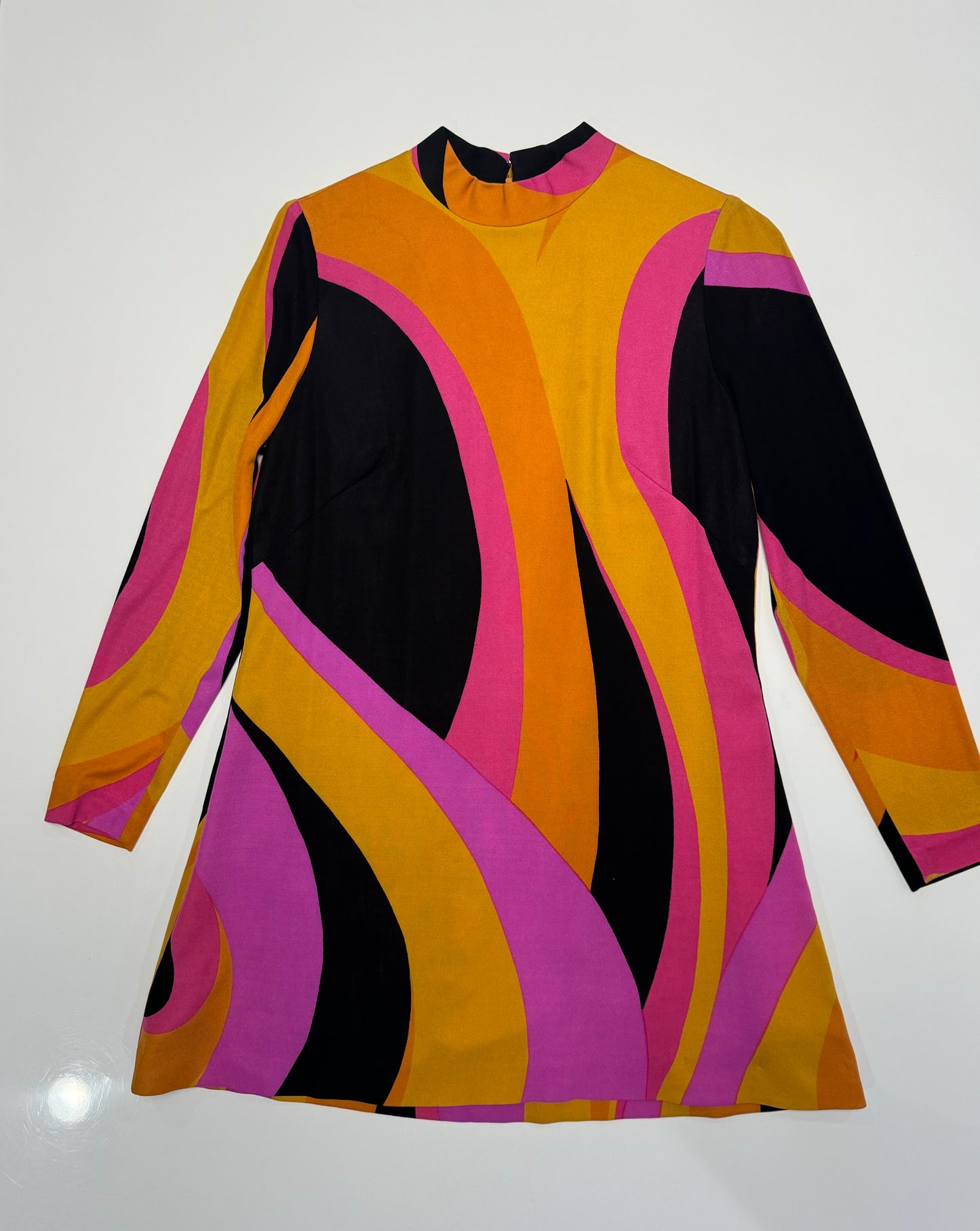 60's La Mendola Silk Printed Jersey Long Sleeve Mini Dress