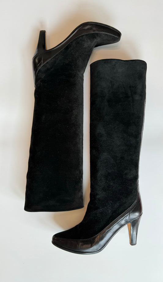 Vintage Tall Black Suede and Leather Andrea Pfister High Heel Boots