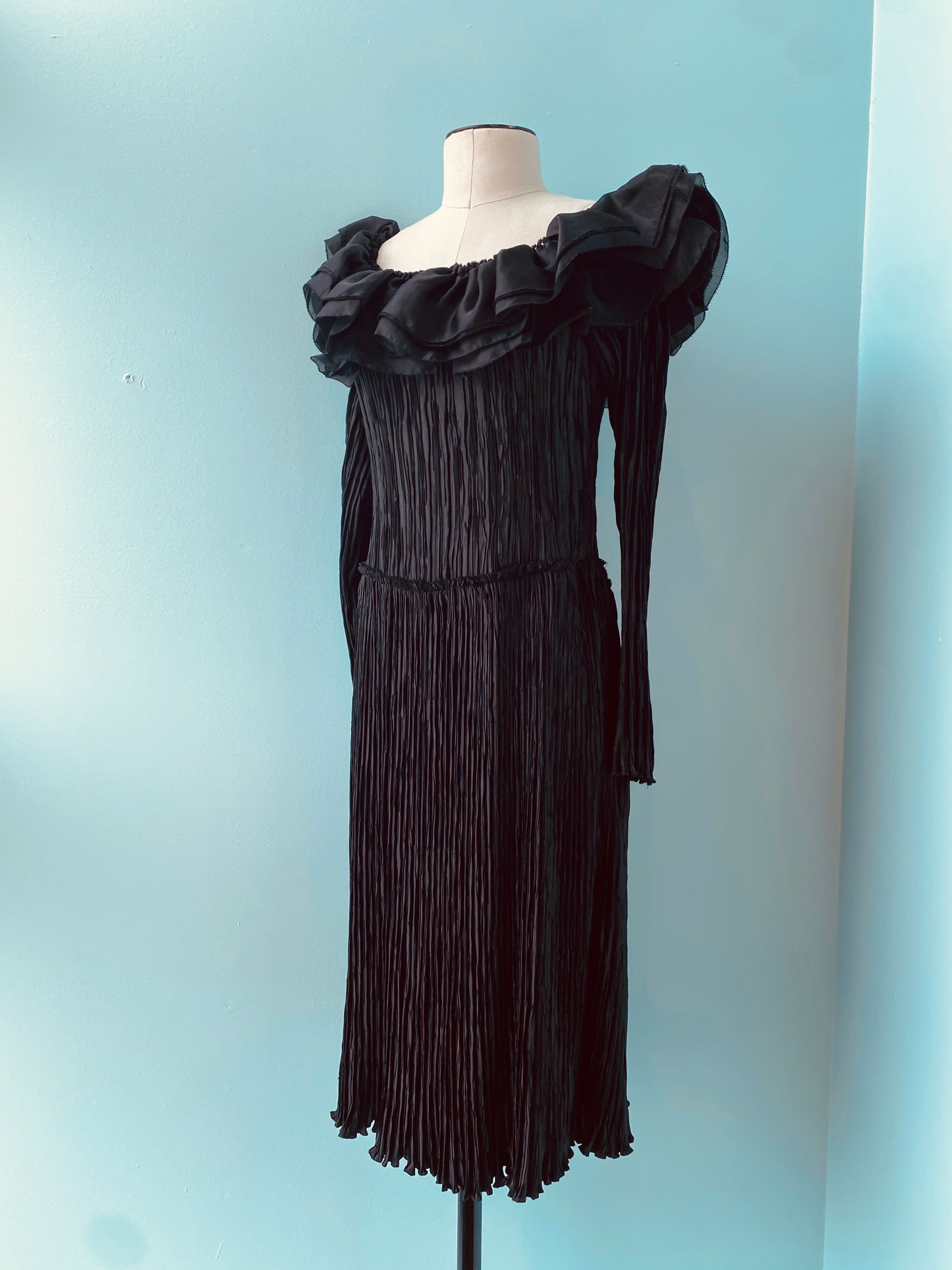 Early 80s Mary McFadden Couture Plisse Black Off The Shoulders Ruffled Organza Midi Dress