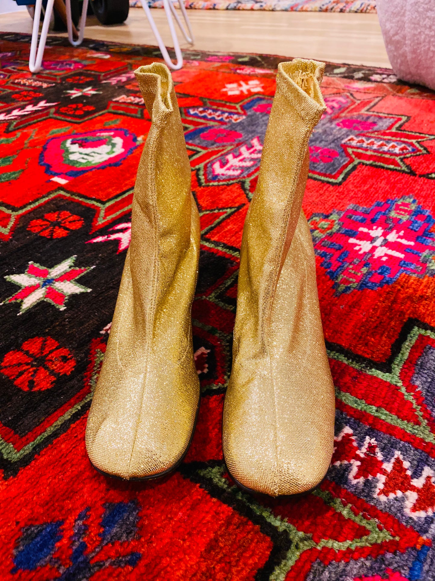 60s Gold Metallic Lurex  Stretchy Ankle Boots Size 9 2" Heel