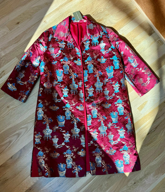 Vintage Red Brocade Chinoiserie Brocade Duster Swing Jacket